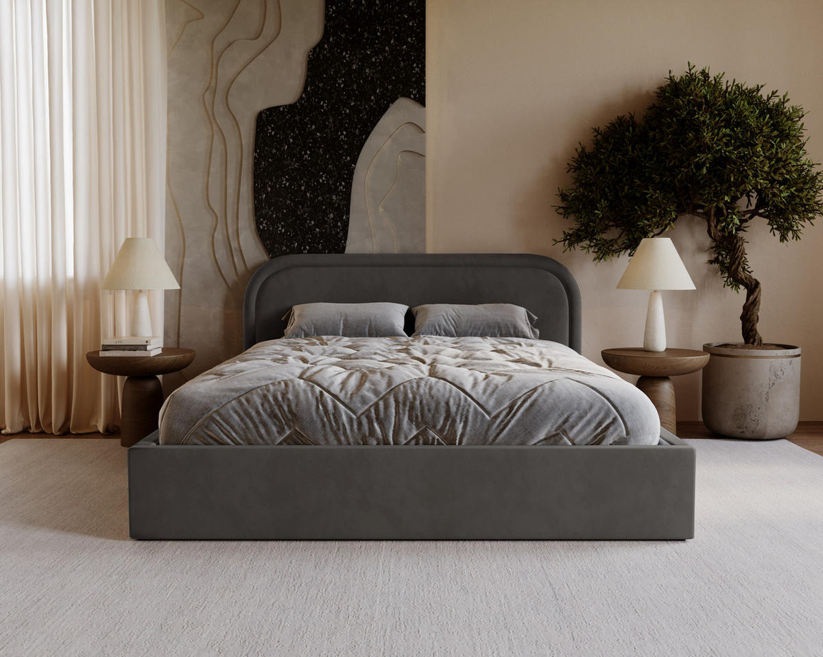 POLSTERBETT 140x200 Dune mit Bettkasten, runde Kopfteil, Samt, Dunkelgrau - Dunkelgrau, Holz/Textil (140/200cm) - Emporius