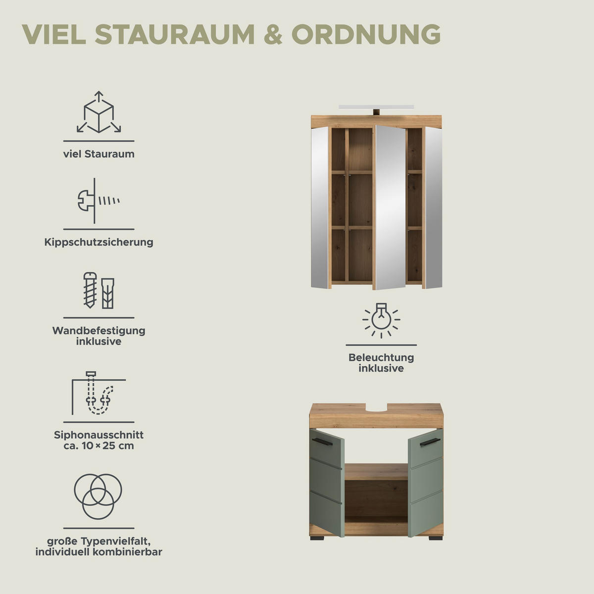 BADKOMBINATION 2tlg. Scout Bad in Artisan Eiche Nachbildung und Salbei Nachbildung B/H/T: 60x191x34 cm - Eiche Artisan, Holz (60/191/34cm)