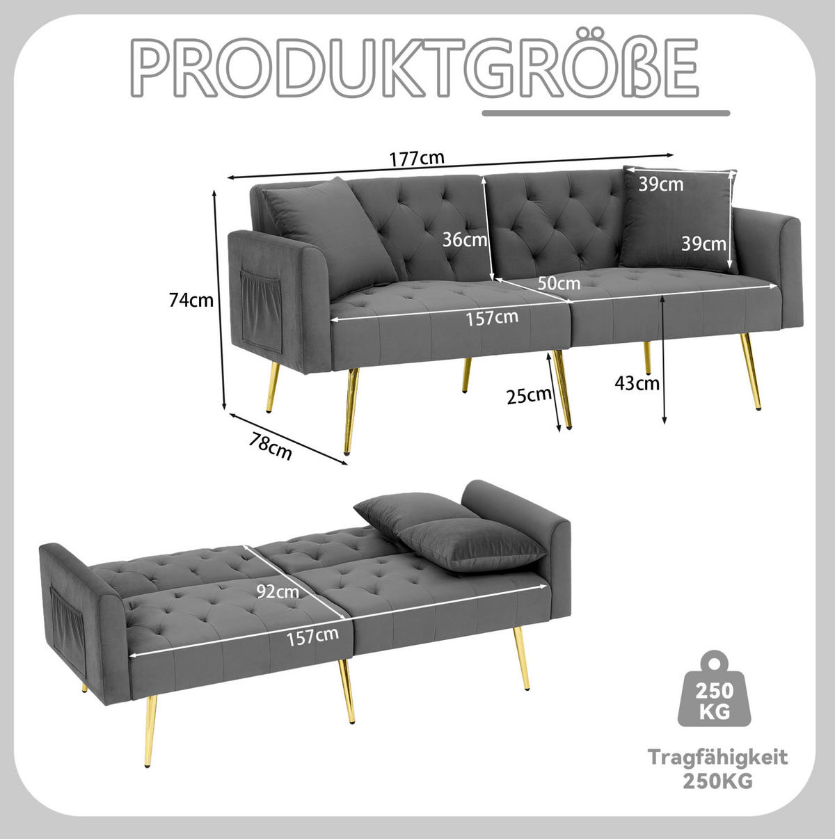 SOFA 2-Sitzer mit verstellbarer Rückenlehne Grau Samt - Grau, Holzwerkstoff (177/74/80cm) - Meubliv