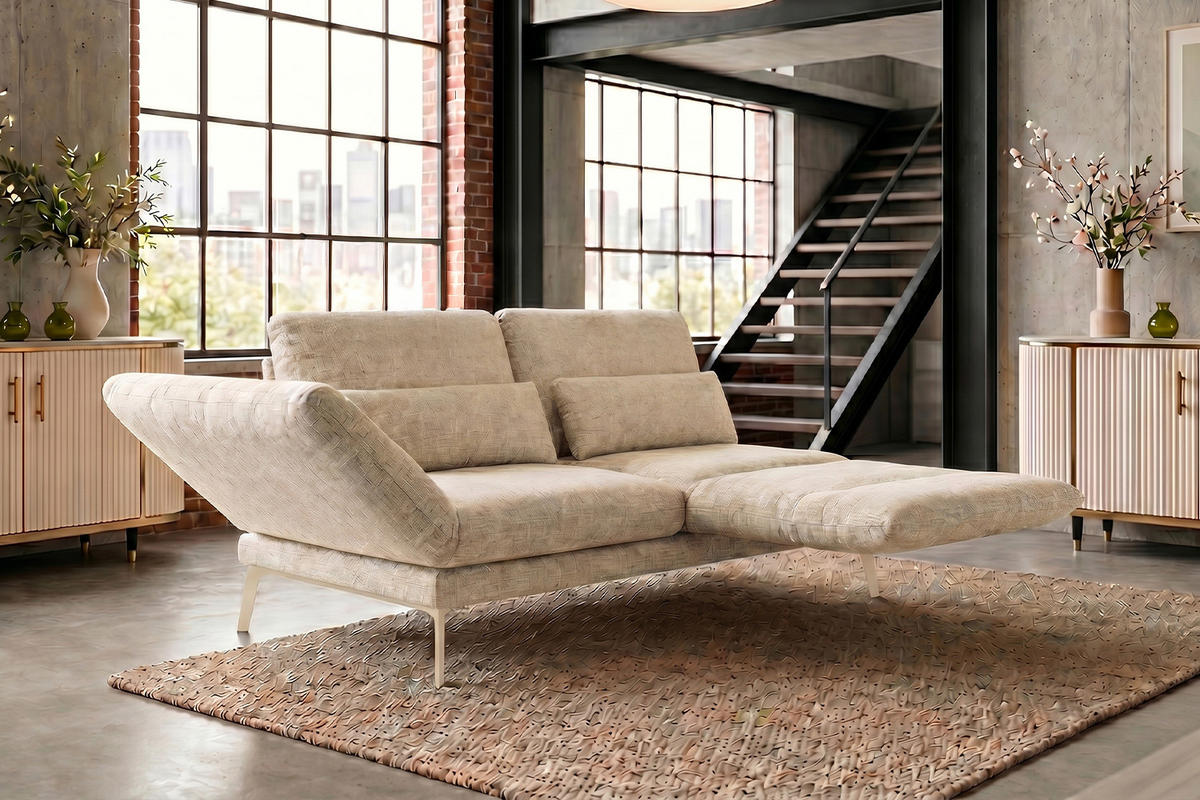 SOFA HOLLY Weiß Flachgewebe - Weiß/Braun, Textil/Metall (176/90/92cm) - KAWOLA