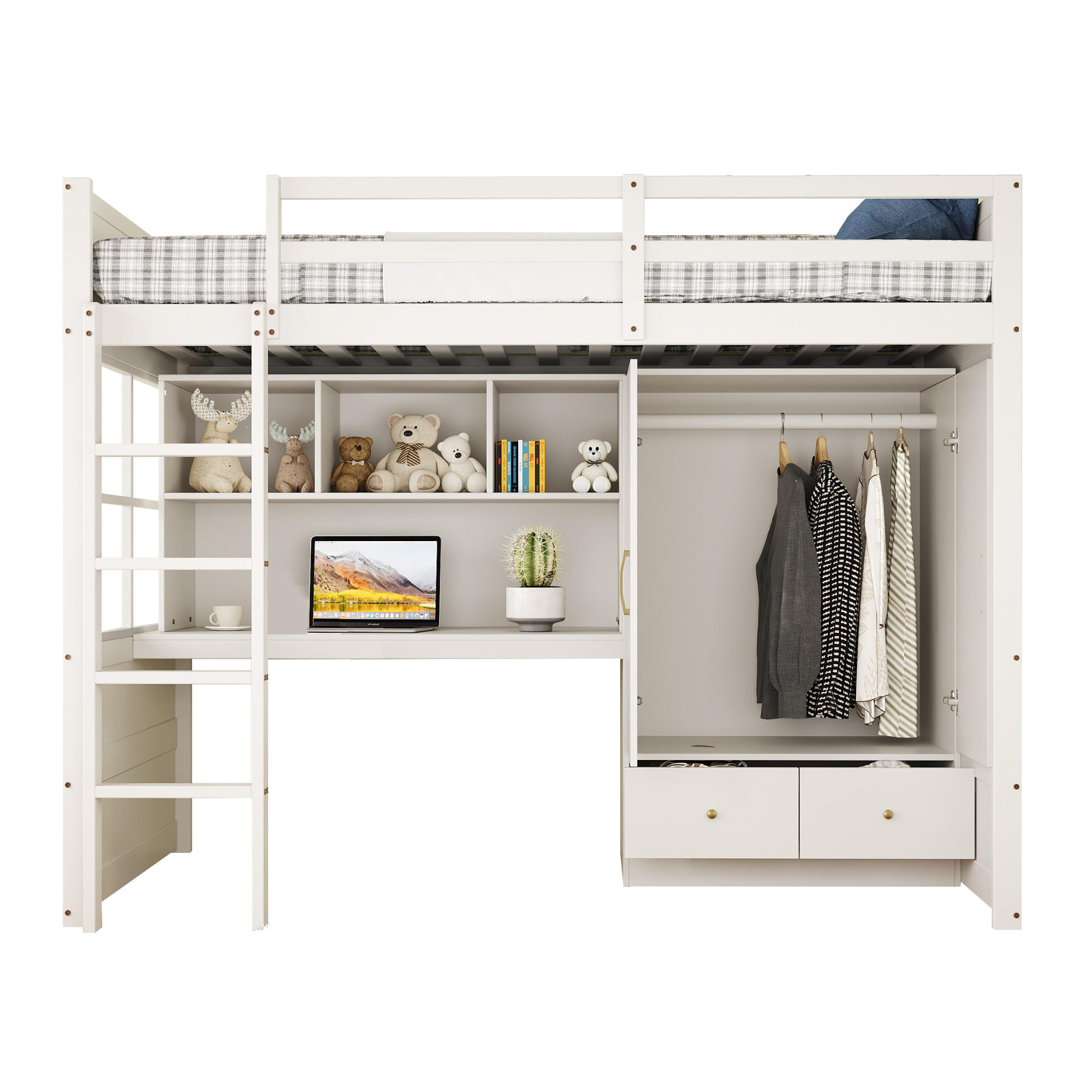 STILVORA HOCHBETT 90/200 cm in Weiß mit Leiter, Schreibtisch, Kleiderschrank und Schubladen