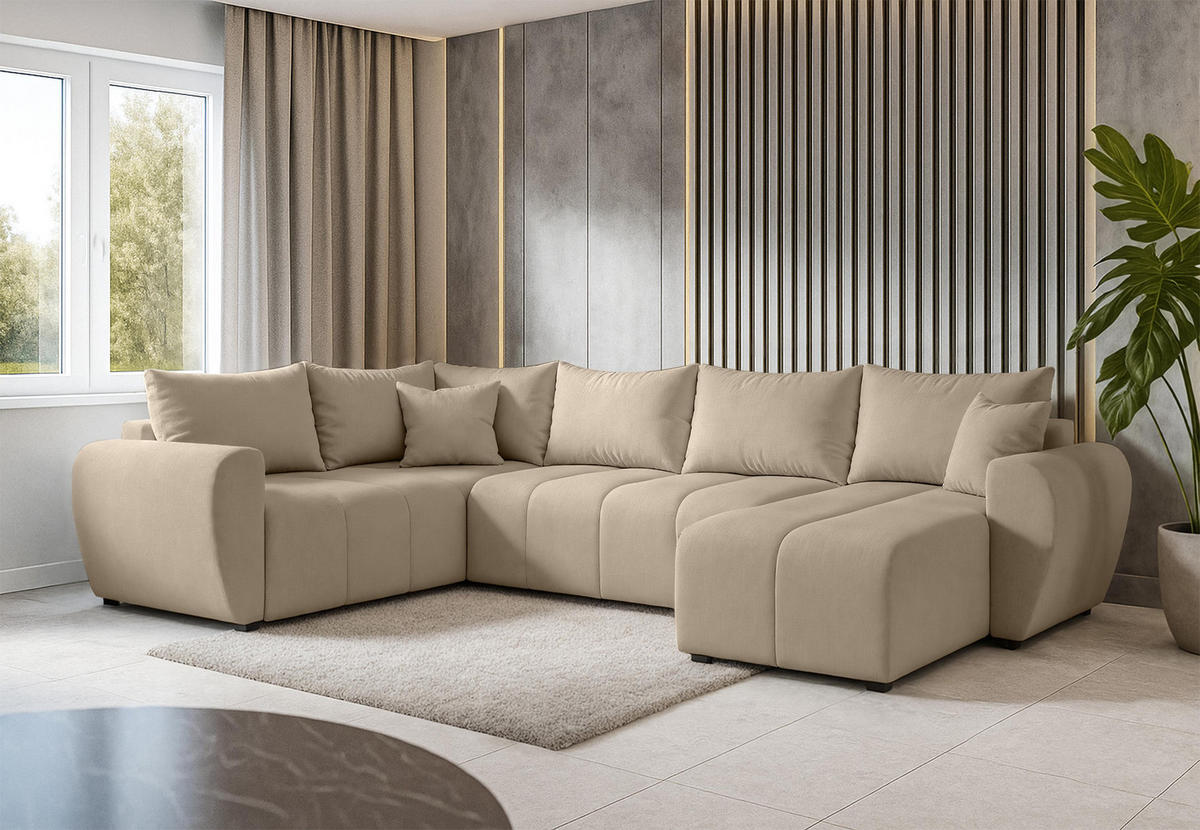 WOHNLANDSCHAFT Malatya U Form MAX Hellbraun 311/145/82 cm mit Schlaffunktion - Hellbraun/Schwarz, Kunststoff/Textil (303/82/208cm) - AX Living