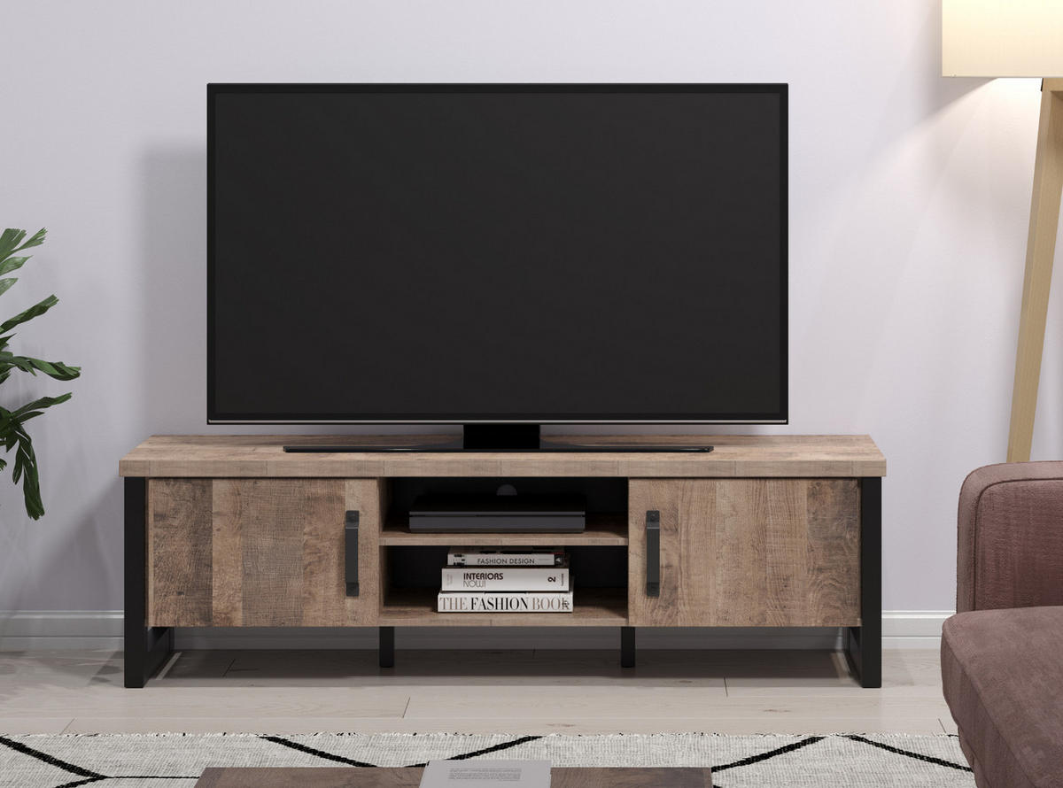 TV-LOWBOARD Eiche Tabak, schwarz 166 x 50 cm, TV-Unterteil mit 6 Fächern - Eichefarben/Schwarz, Holzwerkstoff/Kunststoff (166/50/45cm) - Top.Furn