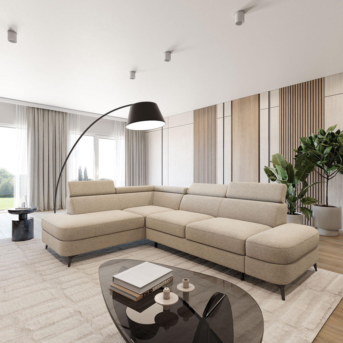 ECKSOFA AVISE Q L-S Beige Boucle-Stoff mit Schlaffunktion - Beige, Holzwerkstoff/Textil (268/195cm) - MASSENO