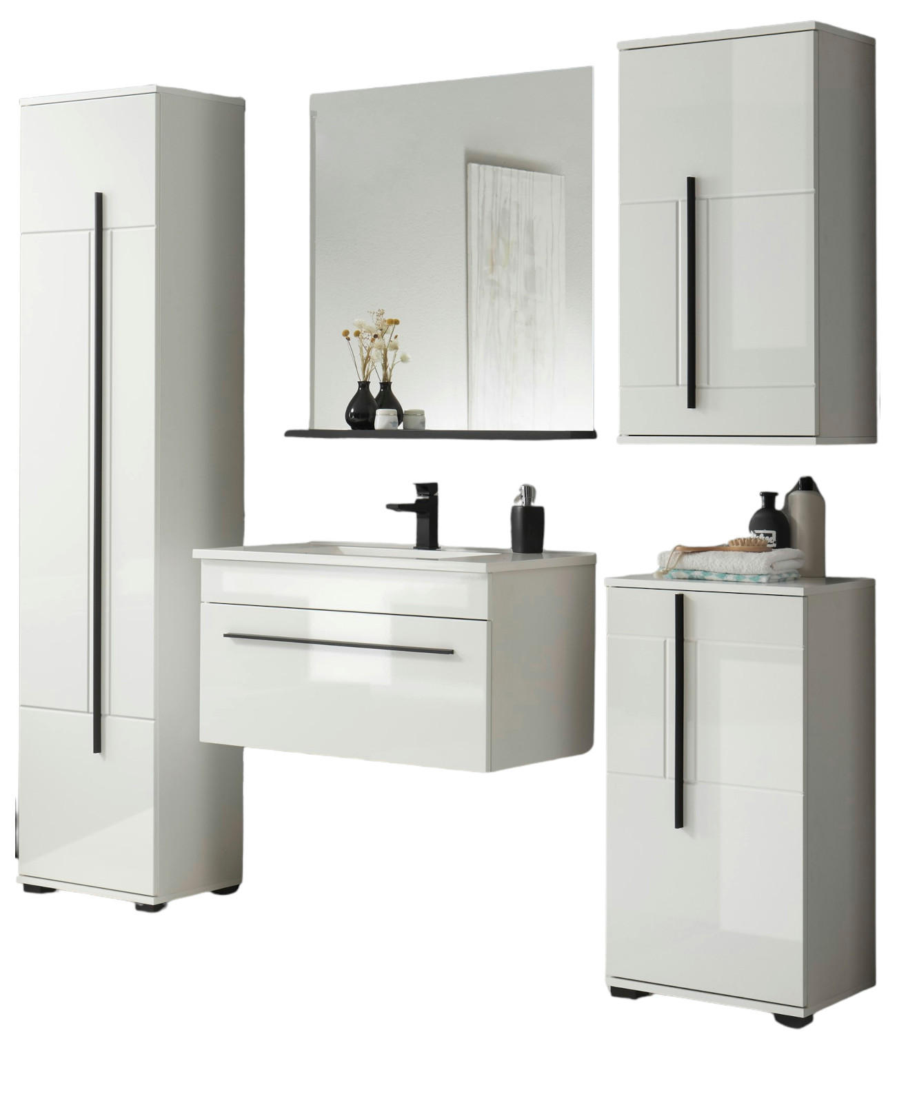 BADMÖBEL-SET weiß Hochglanz schwarz, Badkombination MIT Waschbecken, 190 x 200 cm - Weiß Hochglanz/Schwarz, Holzwerkstoff/Kunststoff (190/200/45cm) - Furn.Design