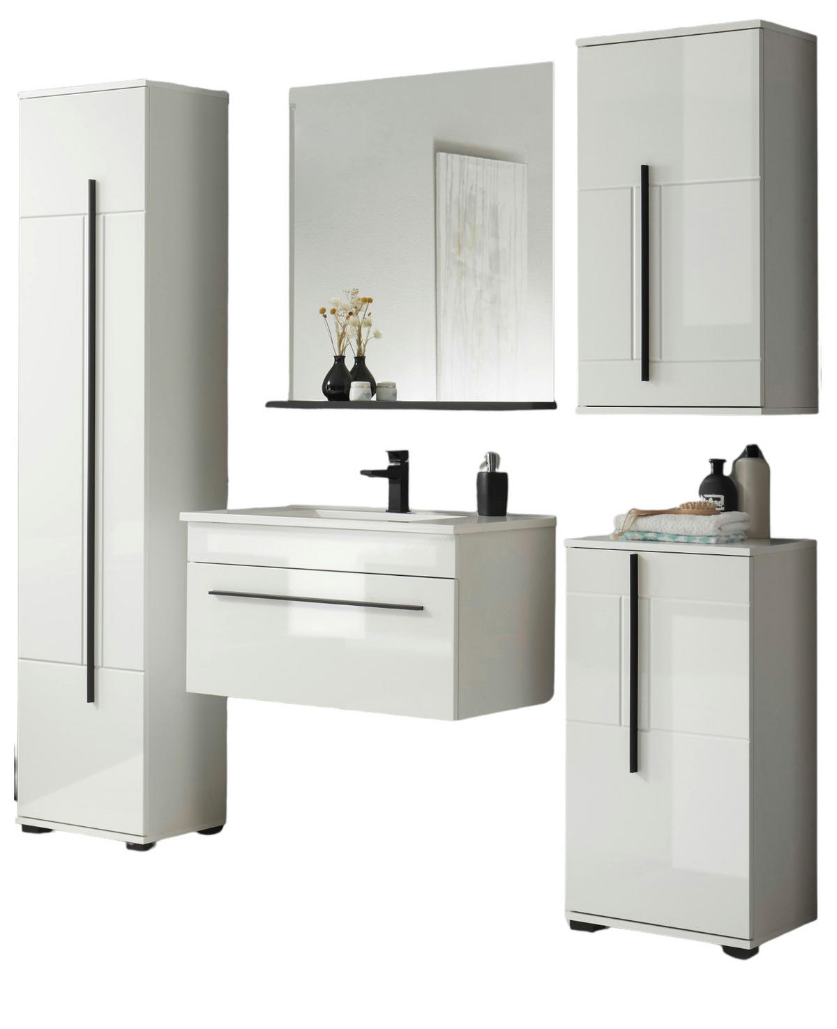 BADMÖBEL-SET weiß Hochglanz schwarz, Badkombination MIT Waschbecken, 190 x 200 cm - Weiß Hochglanz/Schwarz, Holzwerkstoff/Kunststoff (190/200/45cm) - Furn.Design