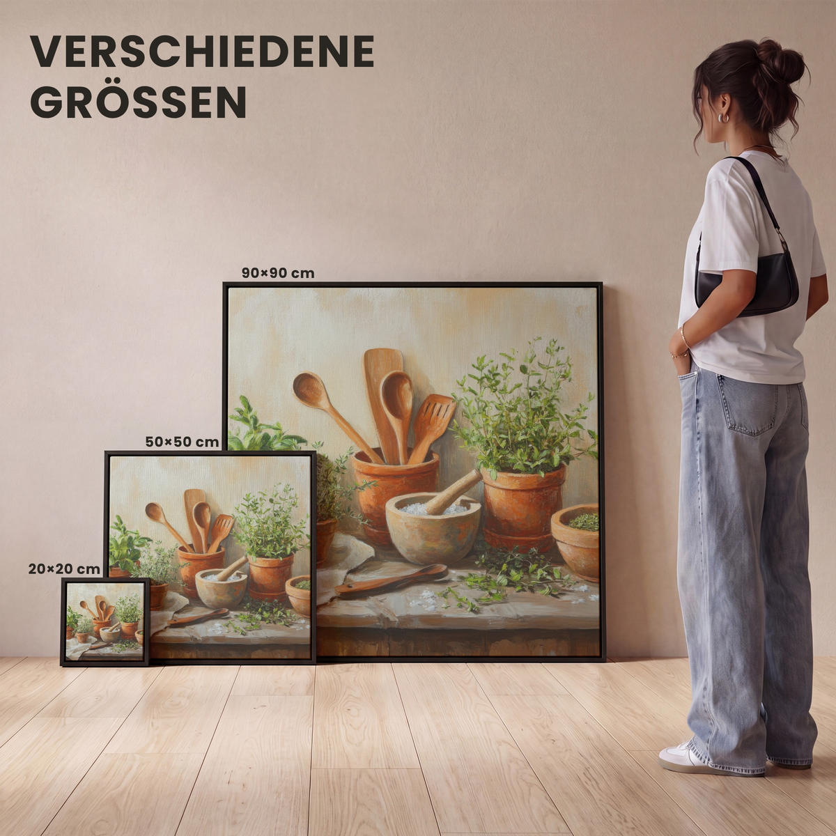 LEINWAND Bilder mit Rahmen - Töpfe - Kräuter - Holz - 20x20 - Terracotta, Textil (20/20cm) - MuchoWow
