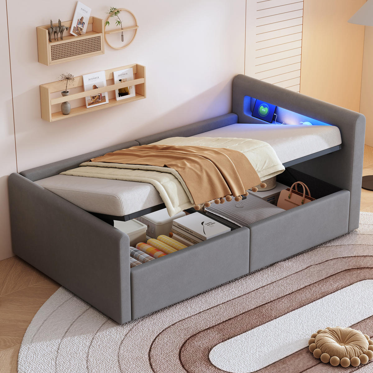 POLSTERBETT Kinderbett 90/200 cm Hellgrau mit LED-Beleuchtung, Nachtlicht und USB-Ladeanschluss - Grau, Textil (90/200cm) - OKWISH