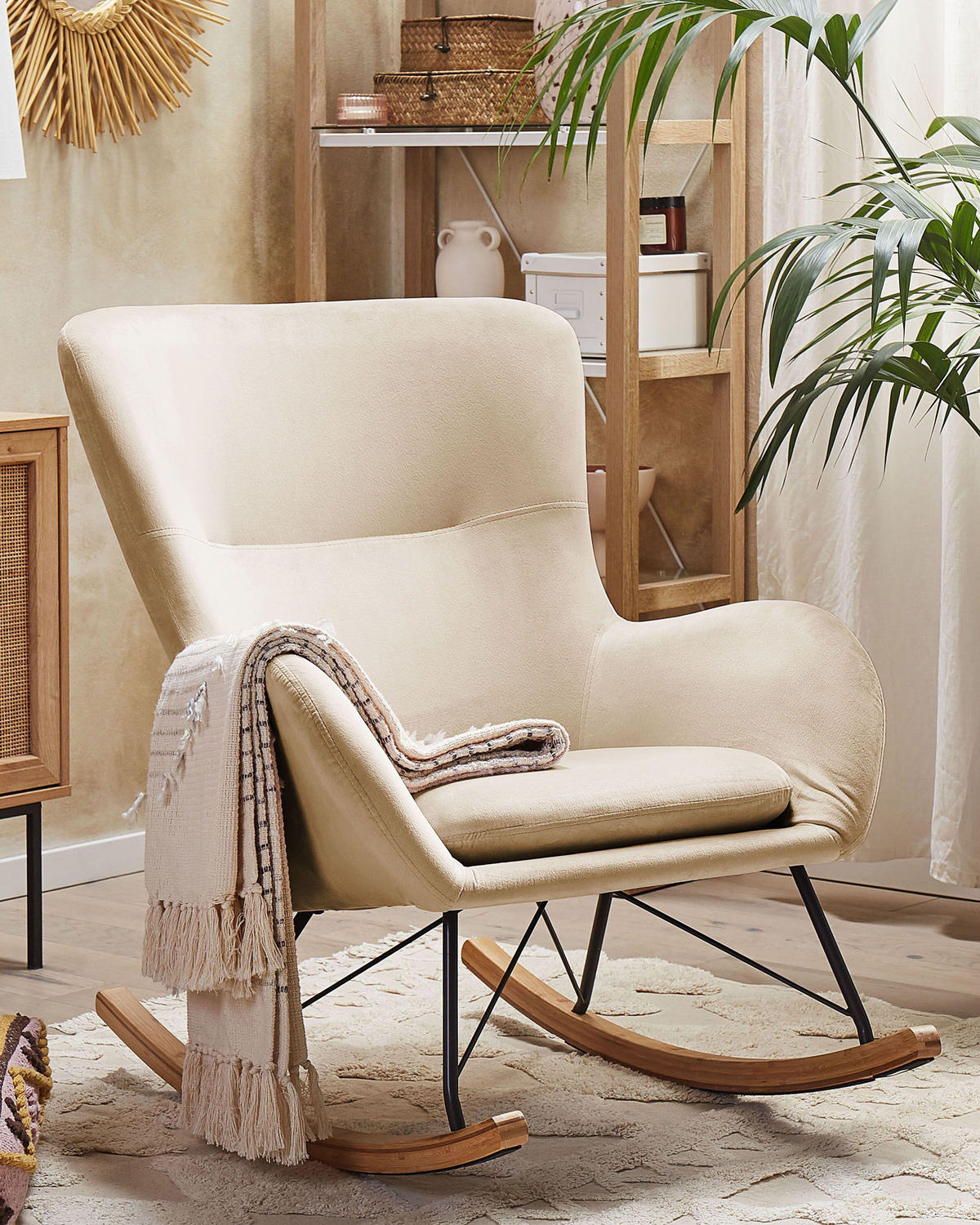 SCHAUKELSESSEL Samtstoff Beige Ellan - Hellbraun/Beige, Textil (71/97/90cm) - Beliani
