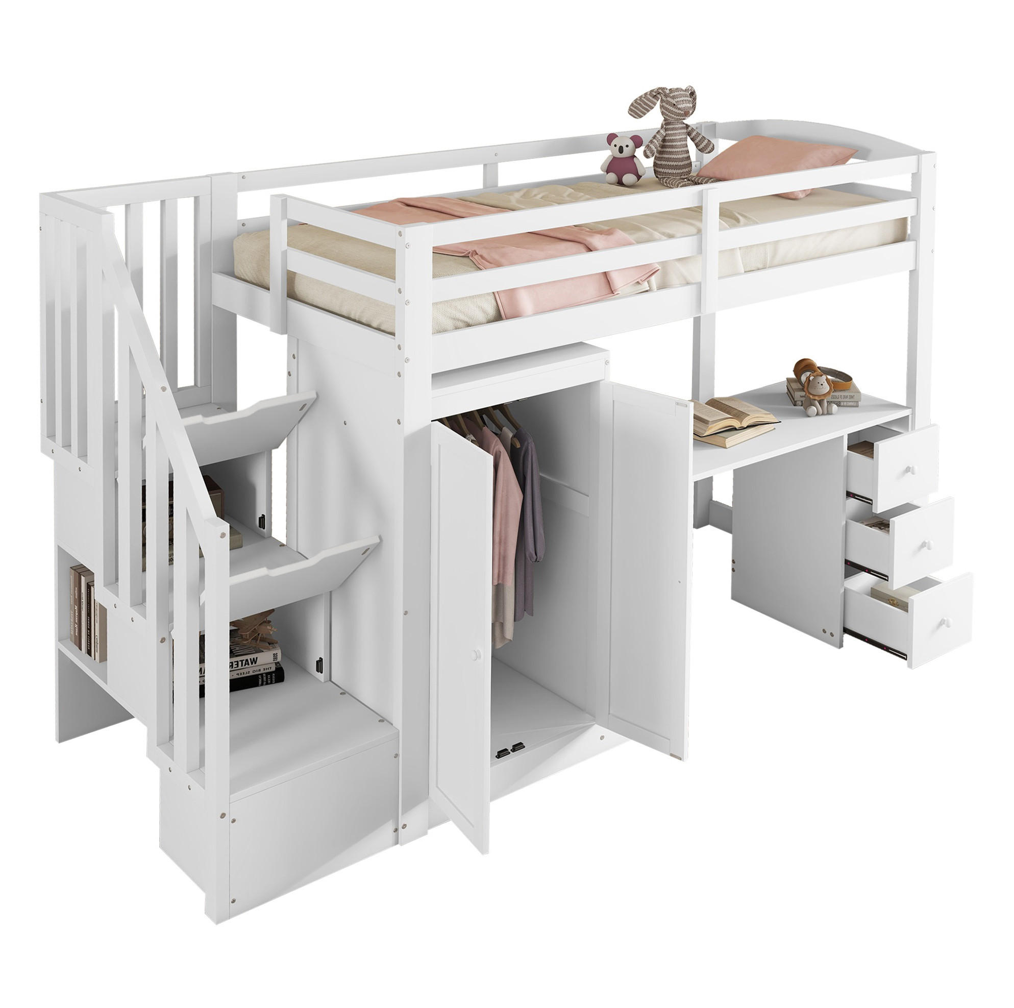HOCHBETT 90/200 cm mit Schreibtisch, Kleiderschrank, Schubladen, Stauraumtreppe und Lattenrost aus Kiefer , Weiß - Weiß, Holzwerkstoff (90/200cm) - Redom