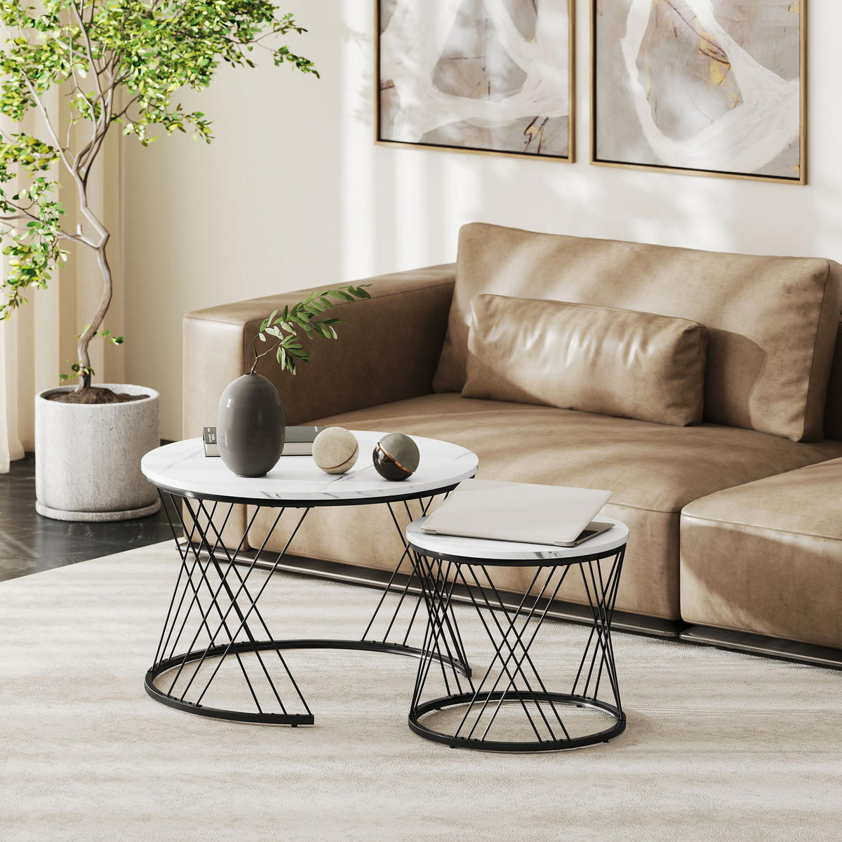 COUCHTISCHE im 2er-Set, Marmoroptik, Spanplatte, Metall, runde Kaffeetische für Wohnzimmer, ineinanderstellbar, Weiß - Weiß, Holzwerkstoff (70/70/46.5cm)