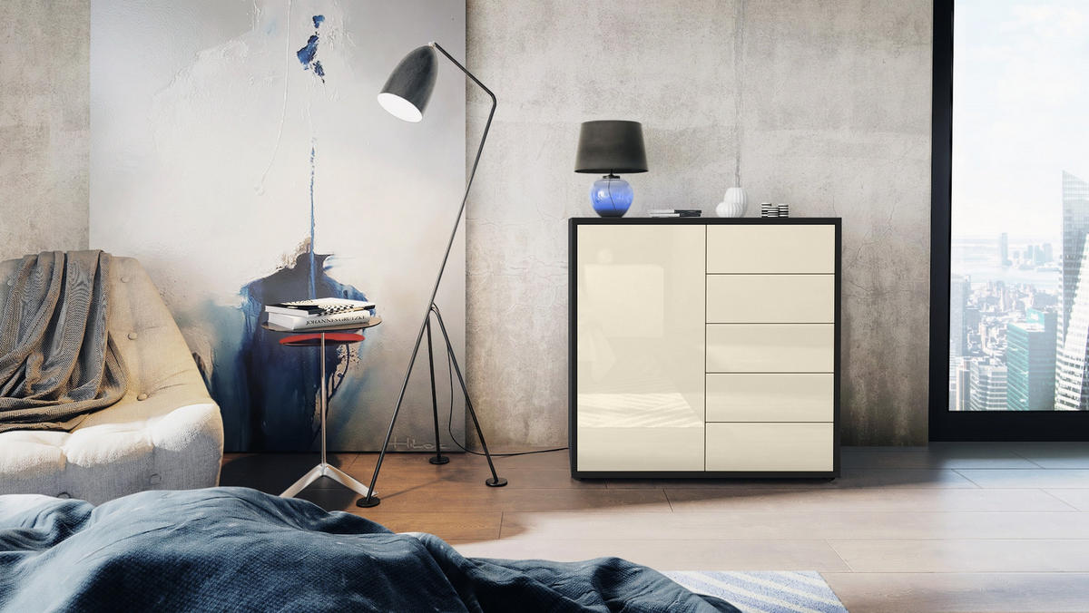 KOMMODE Ben Front in Creme Hochglanz - Creme, Holzwerkstoff (79/74/36cm) - Vladon