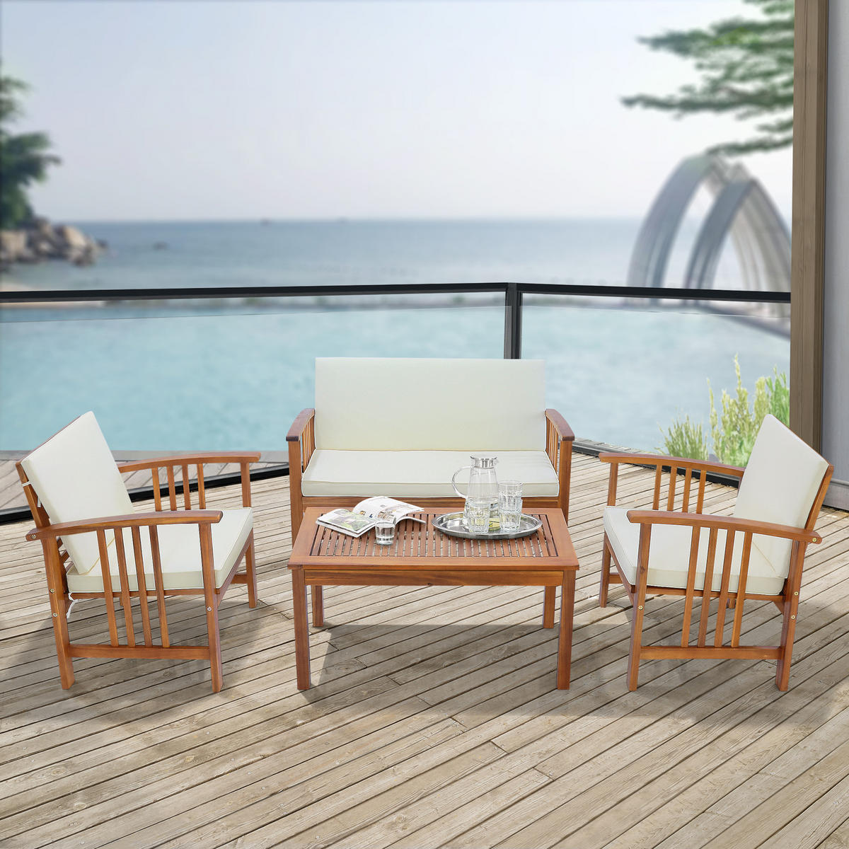 GARTENMÖBEL-SET Brissogne 4 TLG. - Beige/Akaziefarben, Holz/Textil - [en.casa]