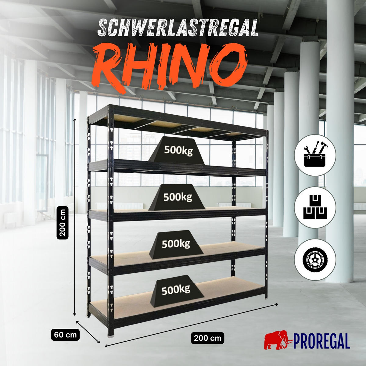 SCHWERLASTREGAL Rhino 200x200x60 cm 5 Spanplatten-Ebenen 8mm Fachlast 500 kg Schwarz - Schwarz, Metall (200/200/60cm) - PROREGAL