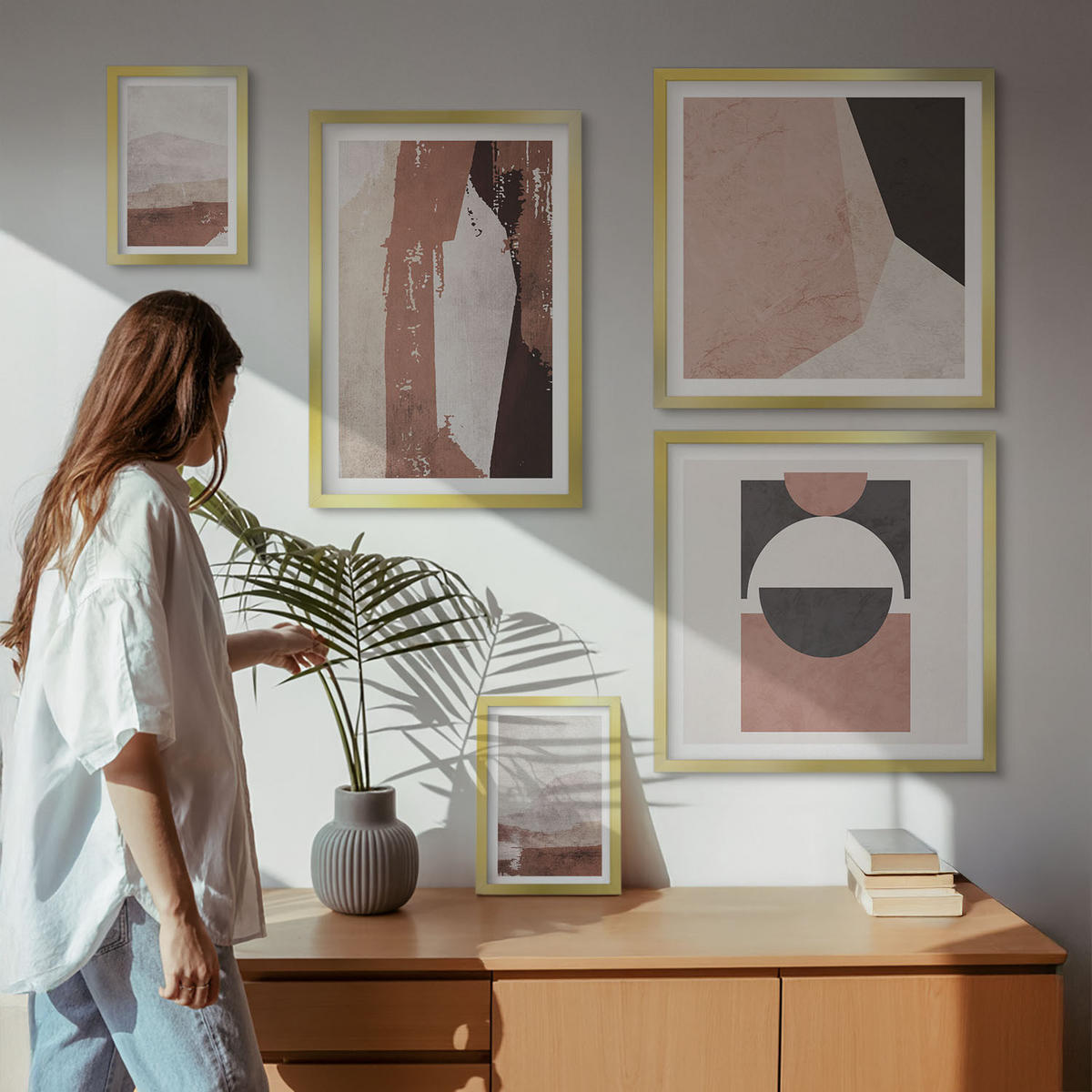 BILDER SET 5er Set - 50x50 cm & 20x30 cm & 40x60 cm Goldrahmen - Abstrakte braune Muster - Goldfarben, Kunststoff (40/60cm) - TULUP