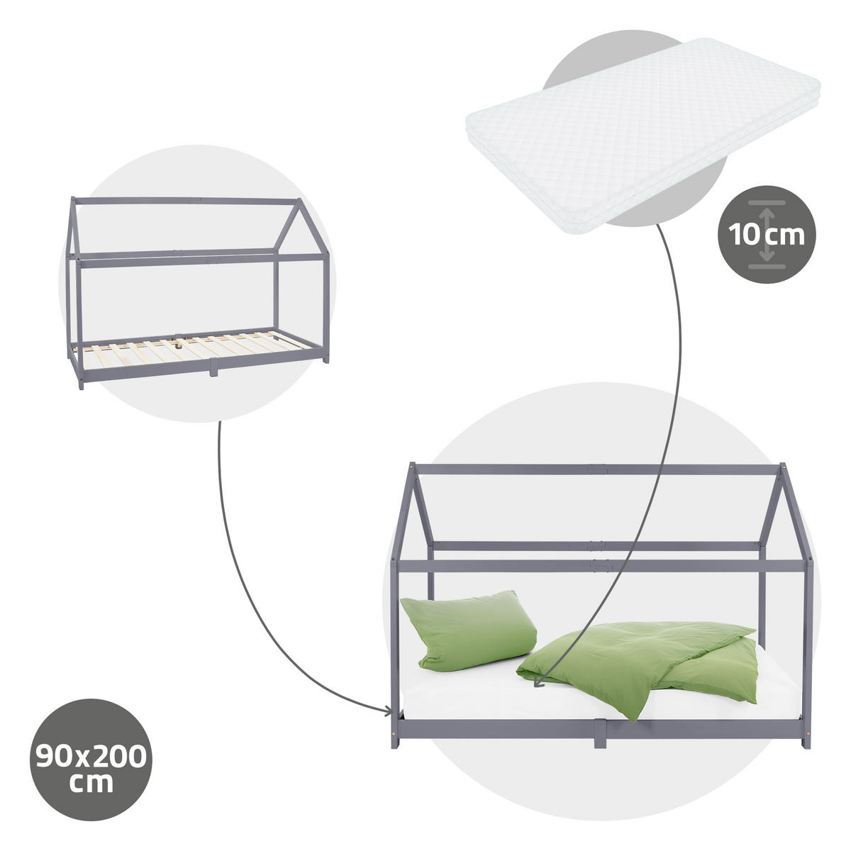 KINDERBETT mit Dach und Matratze 90x200 cm Hellgrau - Hellgrau, Holz (90/200cm) - ML-DESIGN