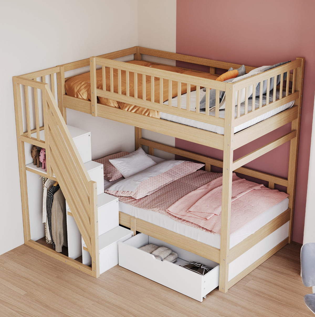 ETAGENBETT 90/200 cm aus Massivholz mit Stauraum und Sicherheitsleiter - Naturfarben, Holz (90/200cm) - Flora Grace