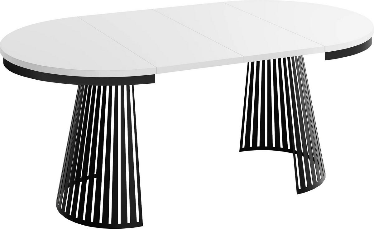 JÍDELNÍ STŮL Naro Kulatý Rozkládací Industriální s Černou Lamelovou Podnoží, Bílá 100-176/100/76 cm - bílá/černá, kov/kompozitní dřevo (100/176/76cm) - WFL GROUP