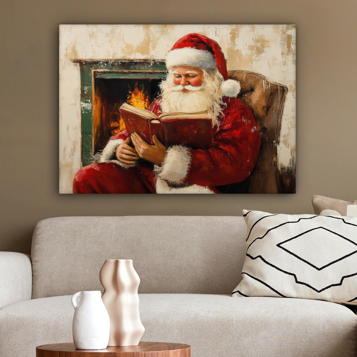 LEINWANDBILD Weihnachten - Weihnachtsmann - Winter - Open Fireside Wandbilder 80x60 cm - Dunkelrot, Textil (80/60cm) - MuchoWow