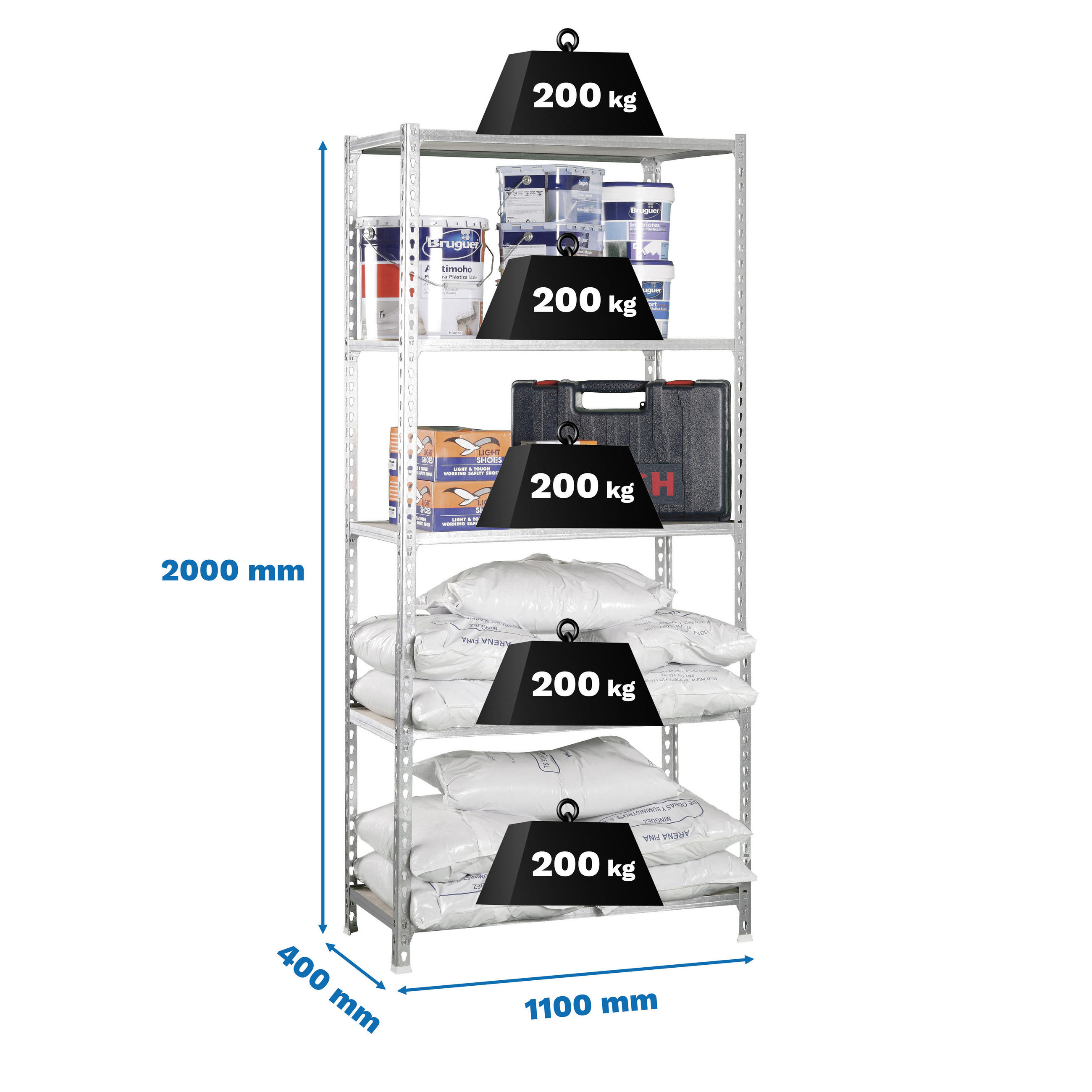 SCHWERLASTREGAL Big Muli HxBxT 200 x 110 x 40 cm 5 Fachböden Fachlast 200 kg Weiß - Weiß, Metall (110/200/40cm) - PROREGAL