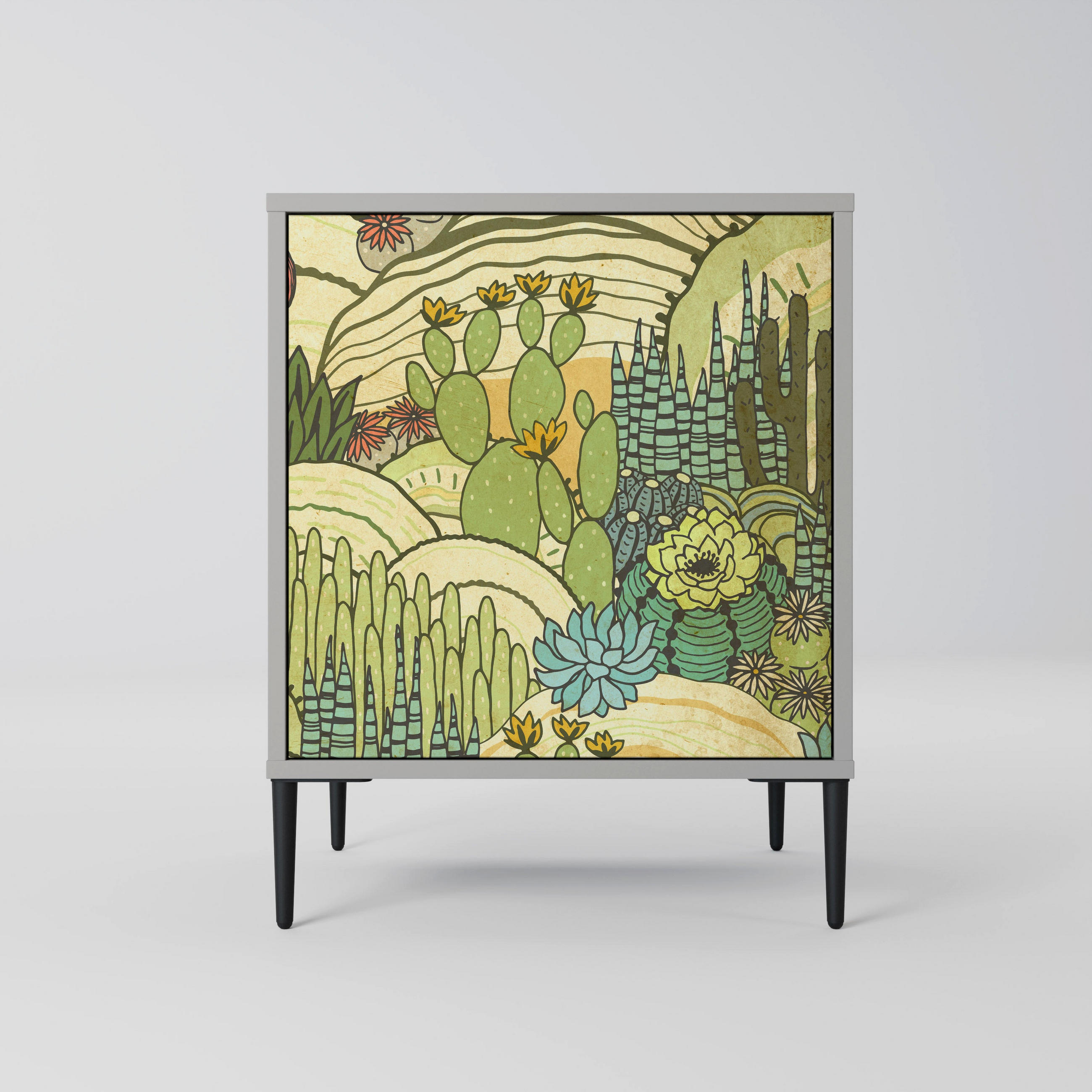 SIDEBOARD SUCCULENTS KALEIDOSCOPE, Grau, 57,5x42x72,5 cm, Schwarze Metallfüße - Multicolor/Schwarz, Holzwerkstoff/Metall (57.5/72.5/42cm) - SpaceRebels
