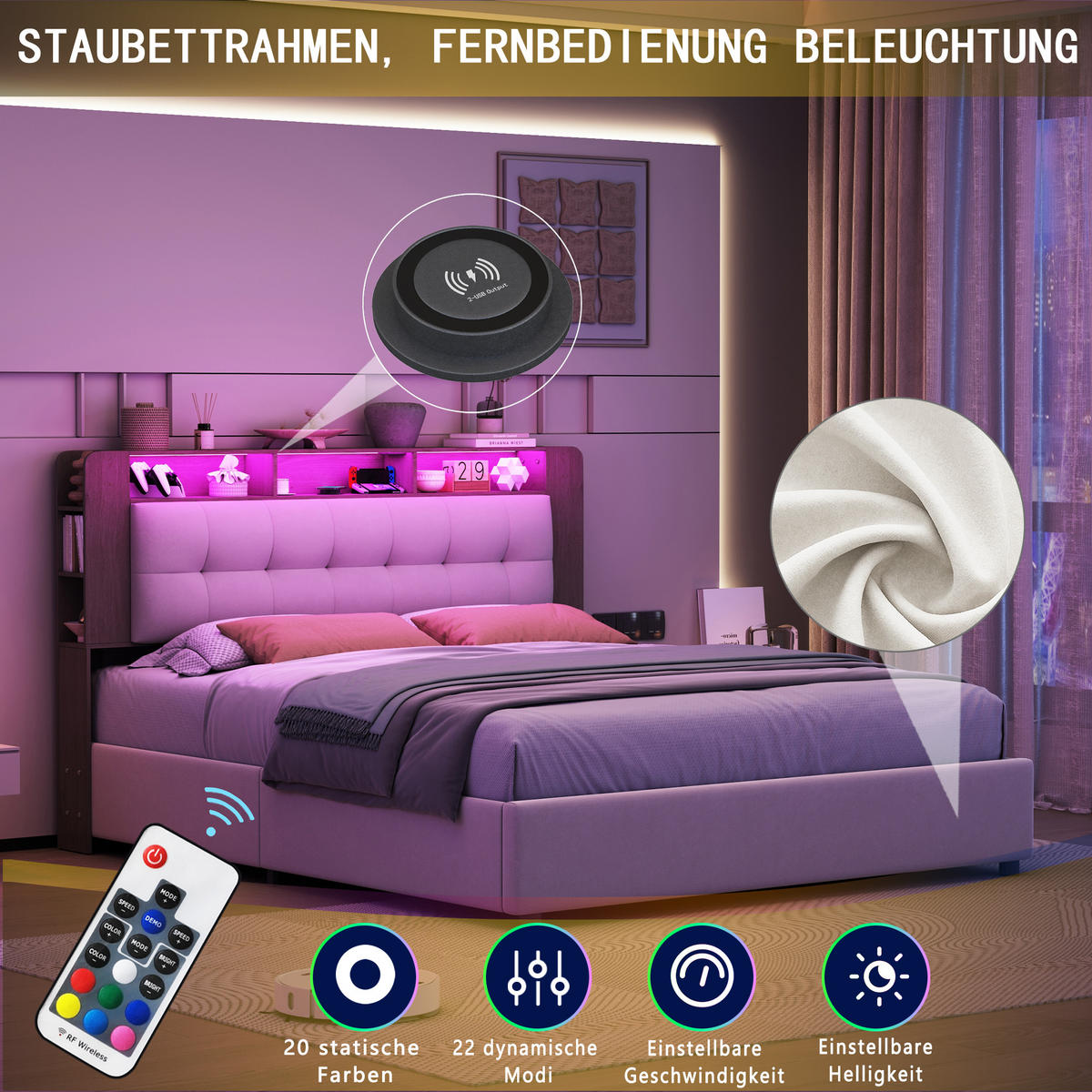 POLSTERBETT 160x200 cm, hydraulischer Bettkasten, Stauraumkopf, LED, kabelloses Laden, Flauschstoff, Beige - Beige, Holz (160/200cm) - BRILVERDE