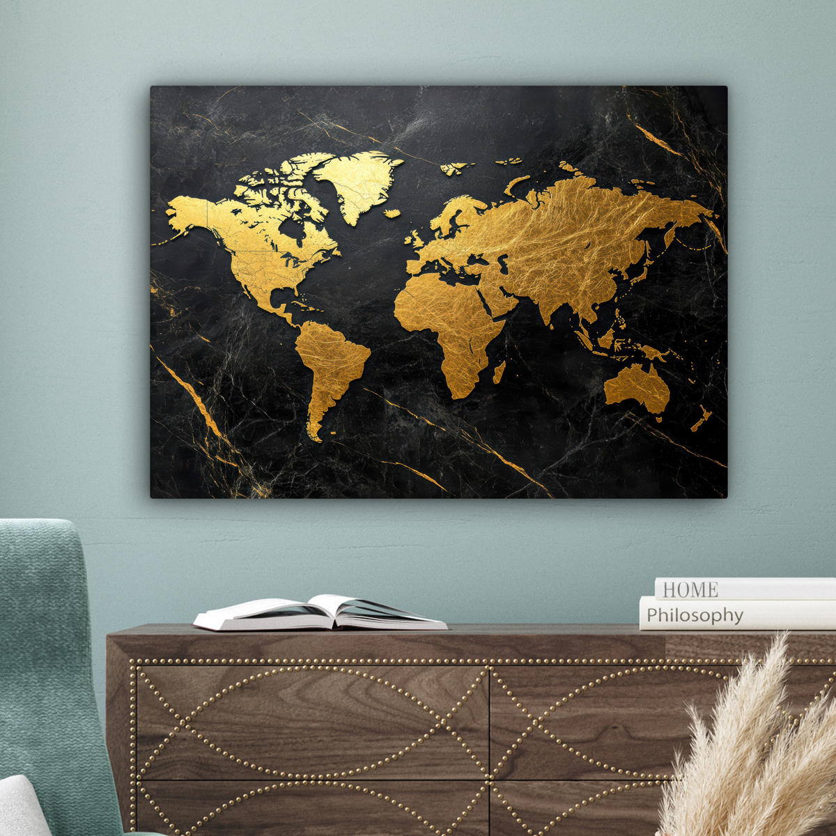 LEINWANDBILD Weltkarte - Gold - Marmor Wandbilder 80x60 cm - Goldfarben, Textil (80/60cm) - MuchoWow