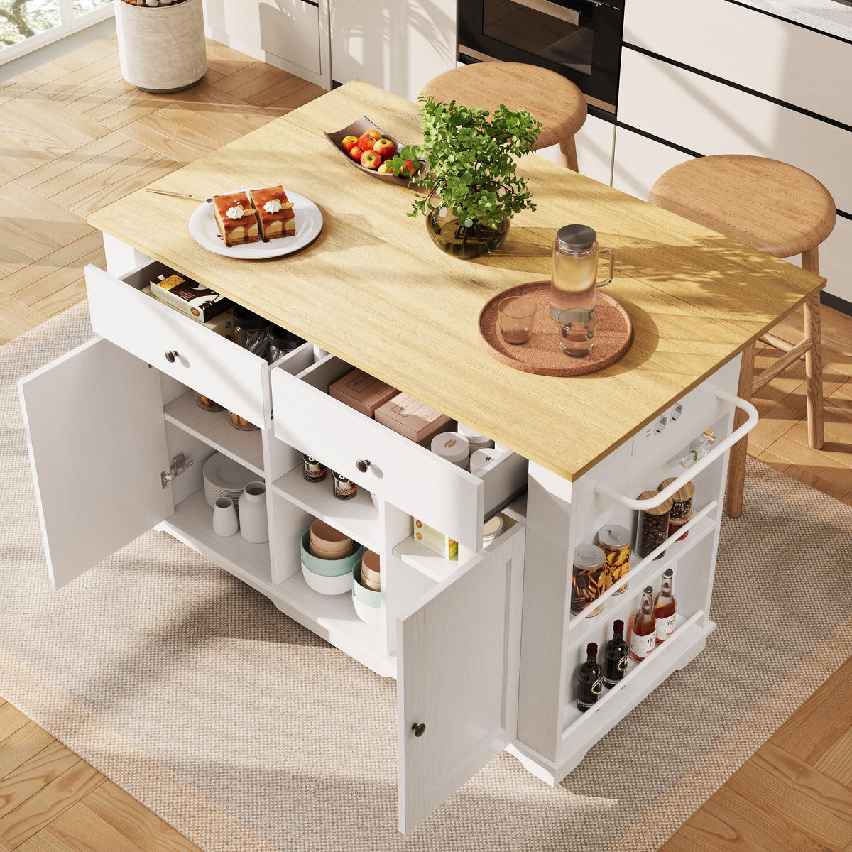 KÜCHENINSEL 151,5/59,7/91,7 cm weiß aus MDF/Metall mit Steckdose - Weiß, Holzwerkstoff (151.5/91.7/59.7cm) - OKWISH