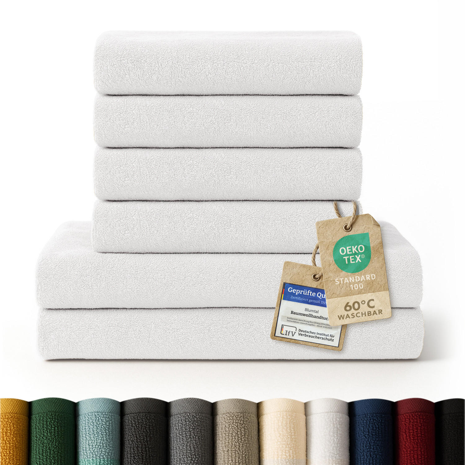 BADETUCH 6-teilig, 2x Badetuch 70/140 + 4x Handtuch 50/100 cm, Weiß - Weiß, Textil (70/140cm) - Blumtal
