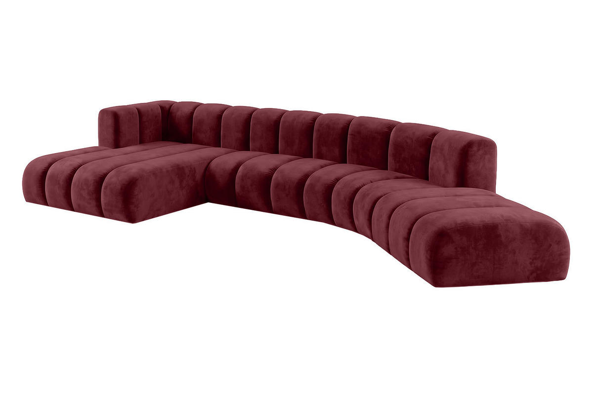 ECKSOFA Modulares In L-Form, Velvet-Stoff Riviera, Rotwein, Links, GRAND Round - Dunkelrot, Holz (445/179cm) - Kaiser Möbel