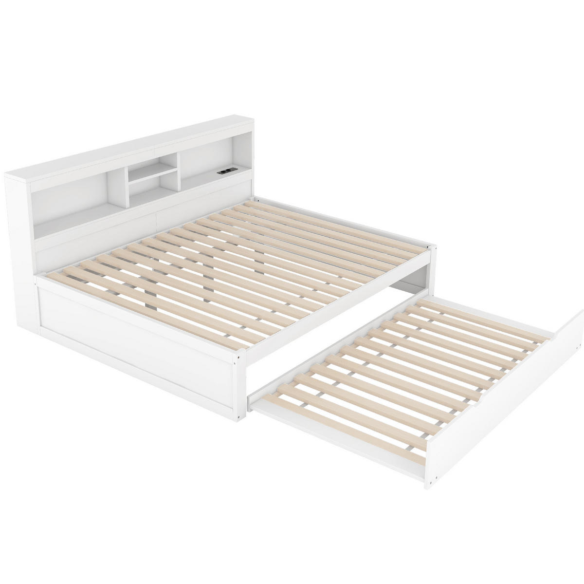 POLSTERBETT aus Spanplatte 140x200 cm in Weiß mit LED, USB, Steckdose & Ausziehbett - Weiß, Holzwerkstoff (140/200cm) - Modfu