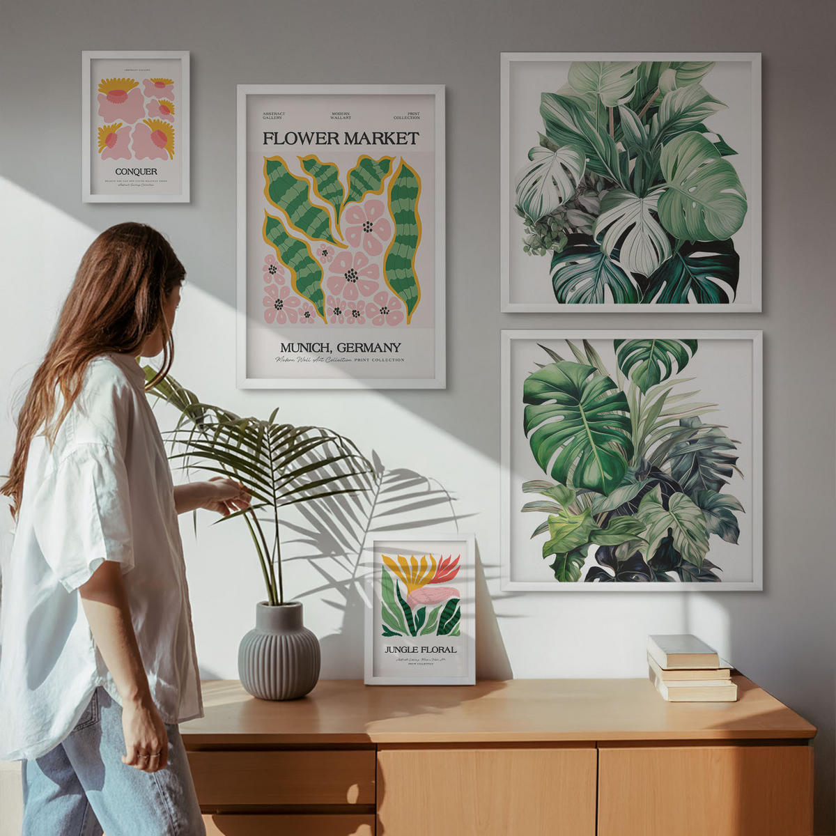 BILDER SET 5er Set - 50x50 cm & 20x30 cm & 40x60 cm Weißer Rahmen - Blumen und Blätter – moderne Poster - Weiß, Kunststoff (40/60cm) - TULUP