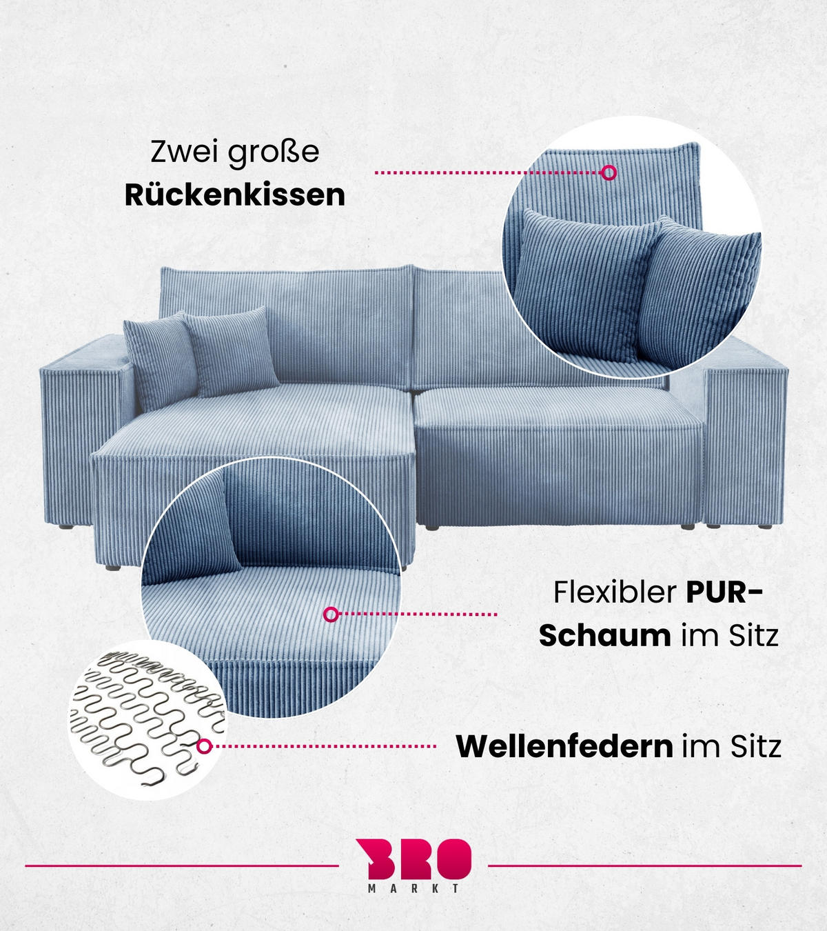ECKSOFA Pedro mit Schlaffunktion Himmelblau Cord - Blau, Textil (255/153cm) - Bromarkt