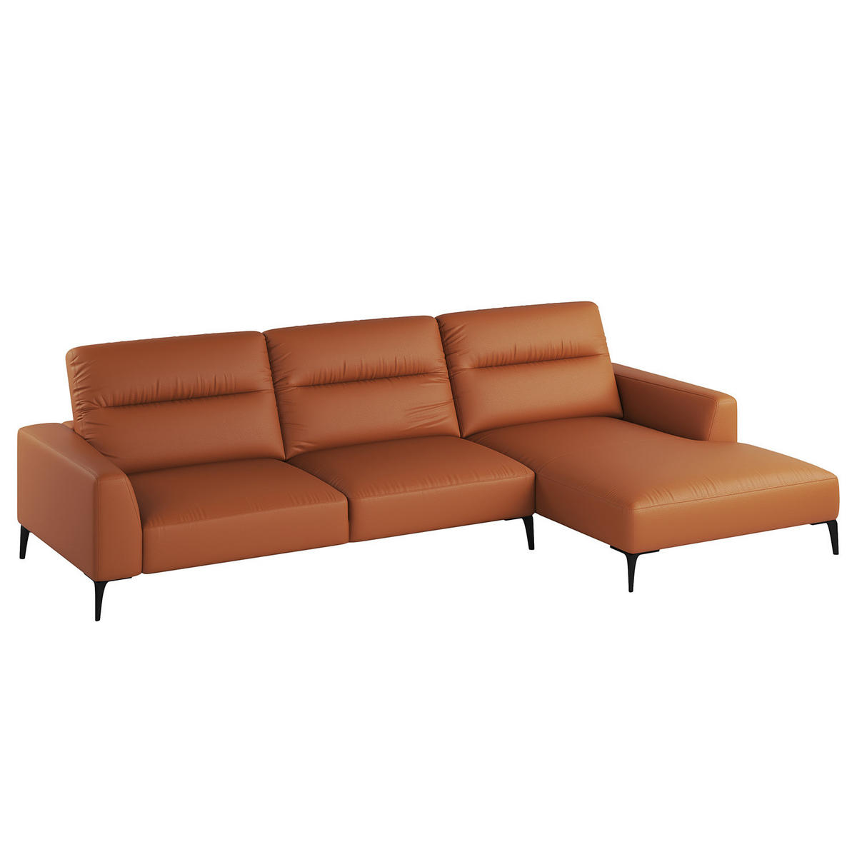 ECKSOFA mit Longchair - Kastanienfarben/Schwarz, Leder/Metall (328/180cm) - home24