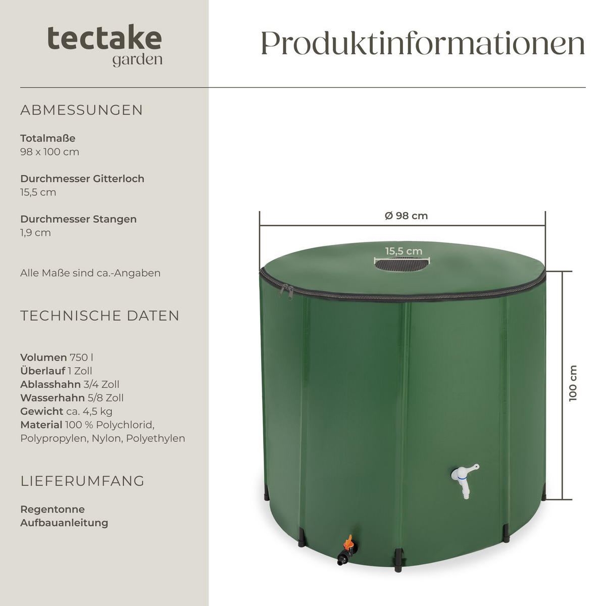 REGENTONNE , Oberseite abnehmbar, grün - Grün, Kunststoff (98/100/98cm) - tectake