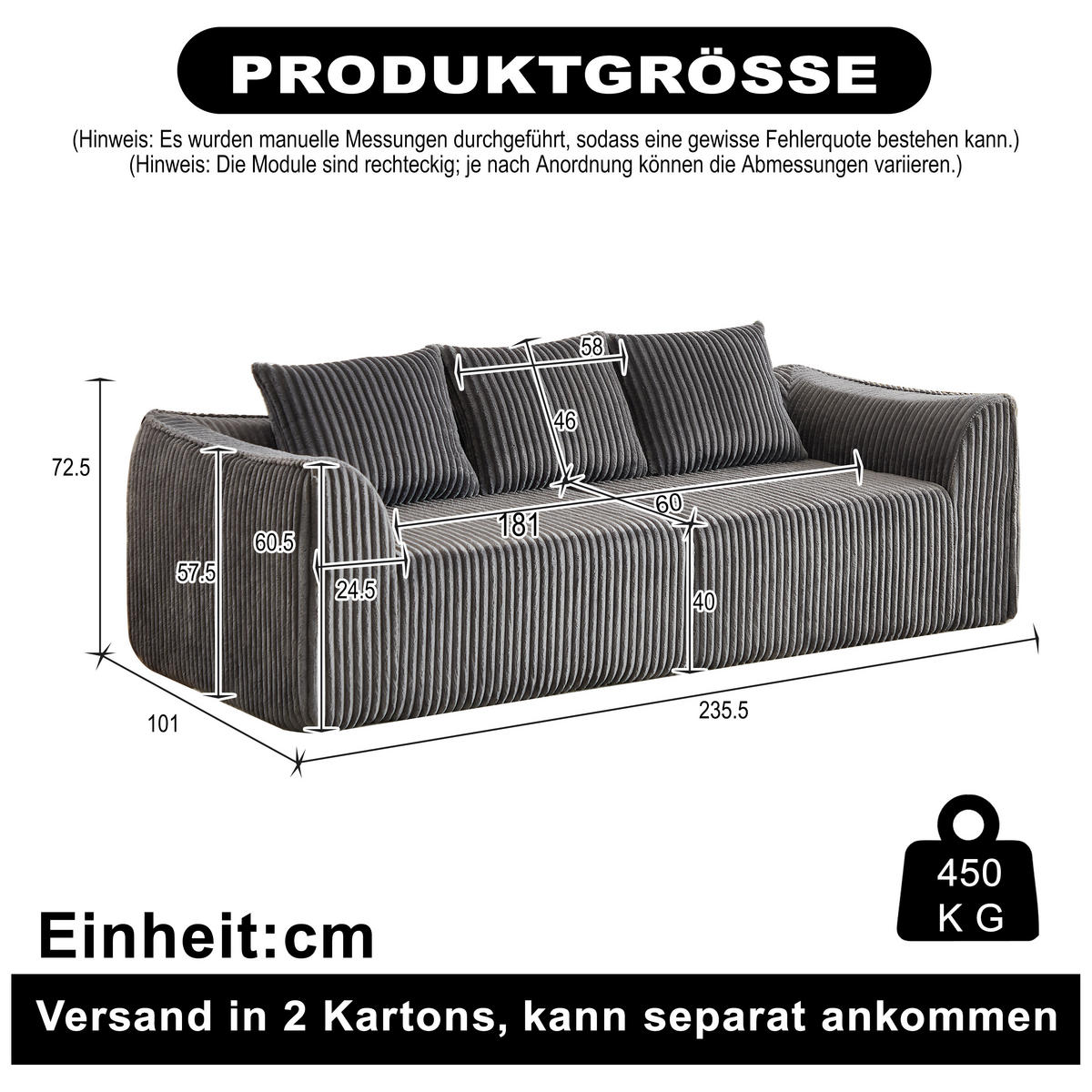 3-SITZER SOFA Cord Grau mit 2 Kissen - Grau, Textil (235.5/72.5/101cm) - WISHDOR