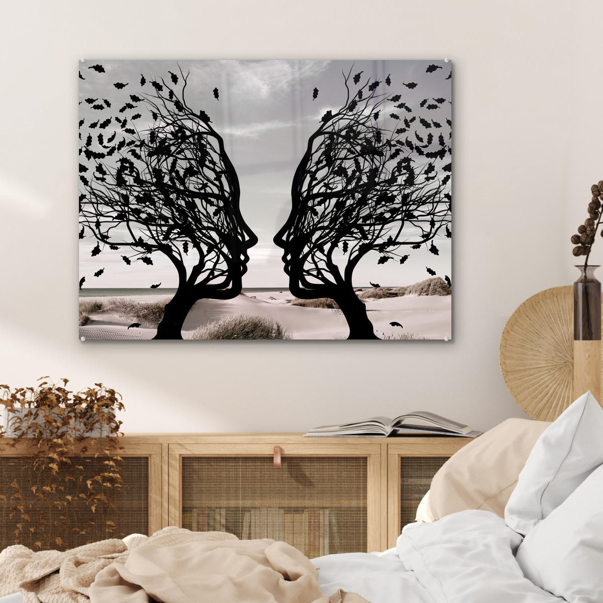 ACRYLGLASBILD Strand - Meer - Menschen - Baum - Moderne Kunst 80x60 cm - Hellgrau, Glas (80/60cm) - MuchoWow