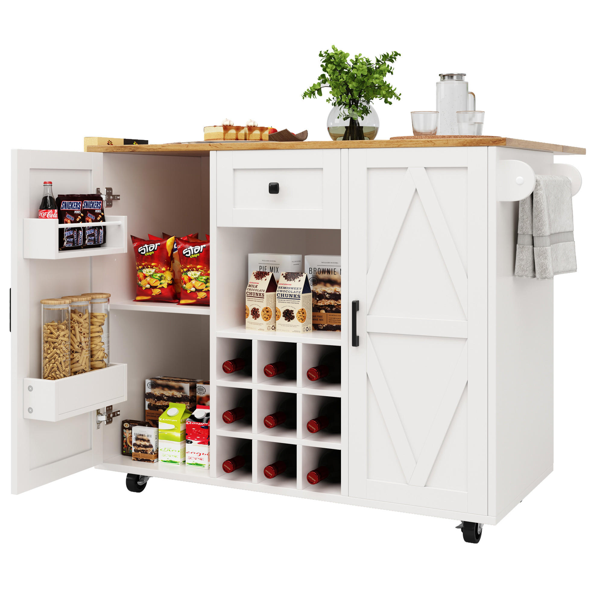 Modfu KUCHYŇSKÝ ostrůvek z MDF 137,5x65x95,6 cm bílý s rozkládací deskou, úložným prostorem a kolečky