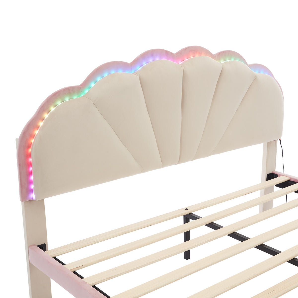 POLSTERBETT 140/200 cm DE-04351, mit LED-Lichtstreifen, Wellenschliff-Kopfteil und Samtbezug, in Beige - Beige, Holzwerkstoff/Metall (140/200cm) - ComfortXL