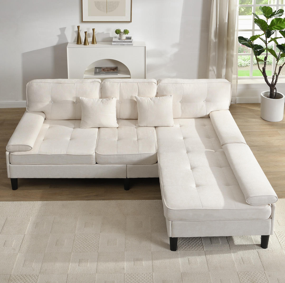 ECKSOFA 195/149/86 cm hellbeige aus Chenille mit Fußbank - Beige, Textil (149/195cm) - OKWISH