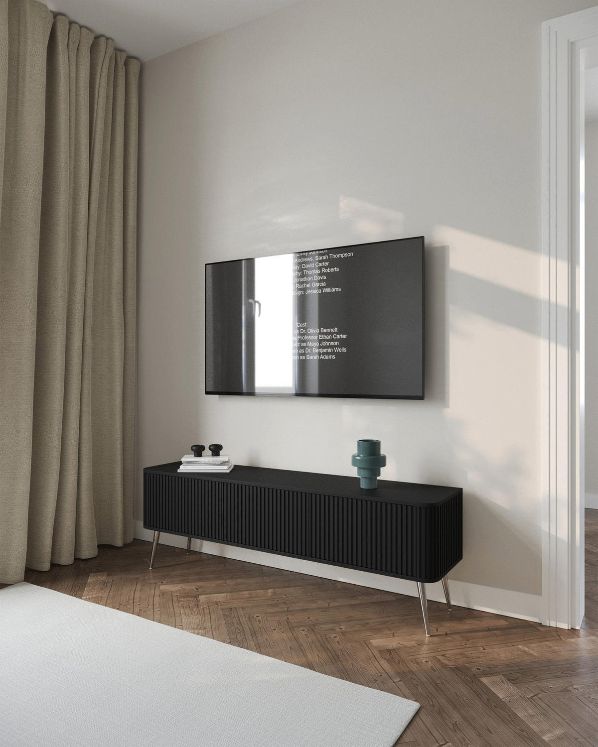 TV stolík Ovarlo čierny s drážkovanými čelami 3-dverový 163/49/38 cm - čierna/strieborná, kov/kompozitné drevo (163.2/49.2/38cm) - Selsey