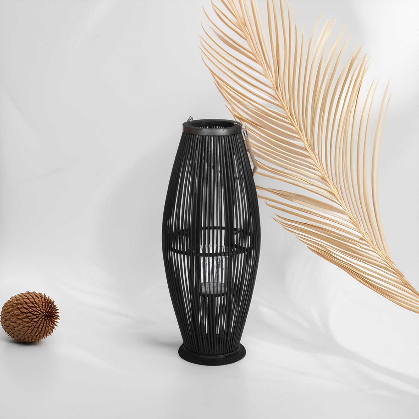 LATERNE Zya 70 Bambus, mit Henkel und Glaseinsatz schwarz - Schwarz, Holz (30/70/30cm) - CREEDWOOD