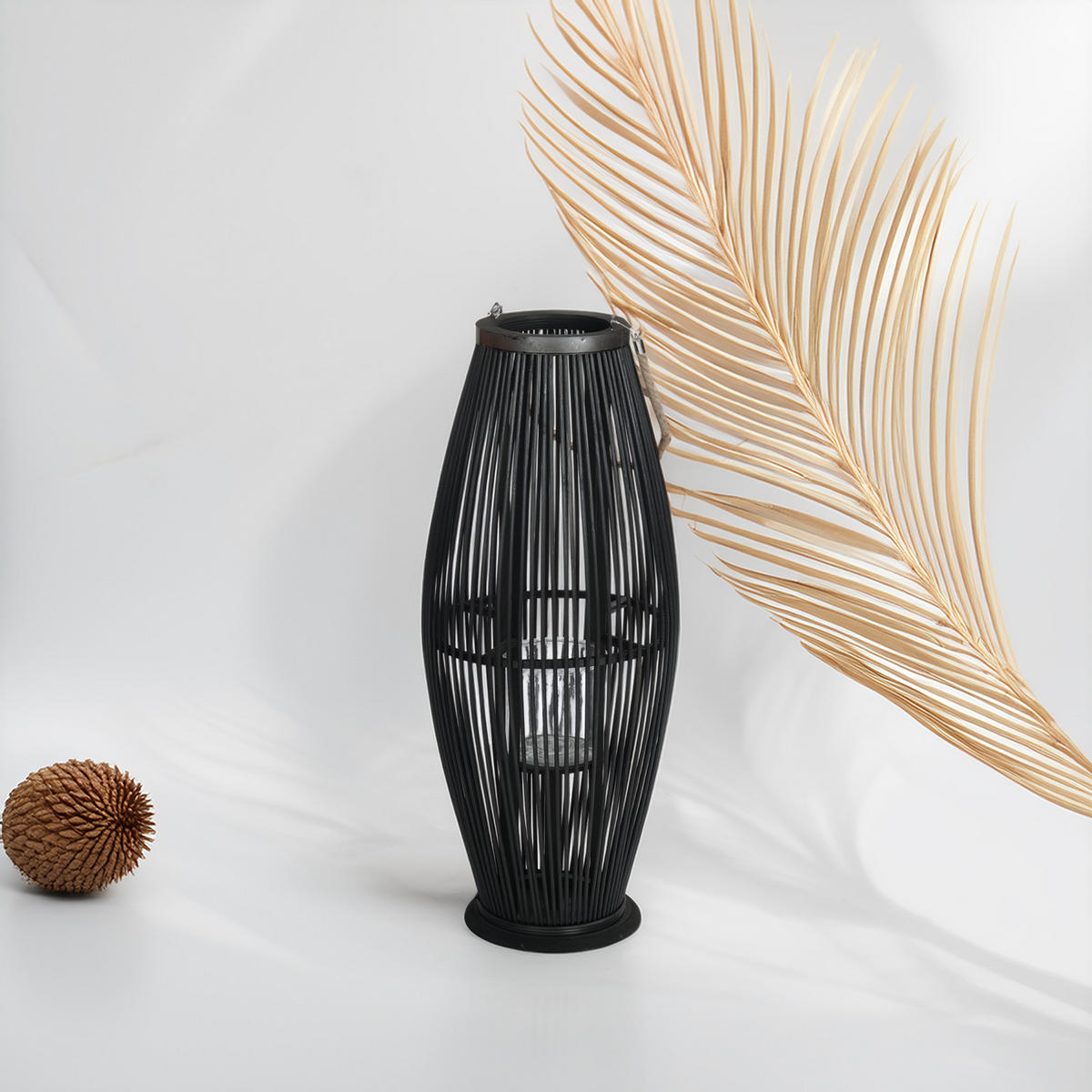 LATERNE Zya 70 Bambus, mit Henkel und Glaseinsatz schwarz - Schwarz, Holz (30/70/30cm) - CREEDWOOD