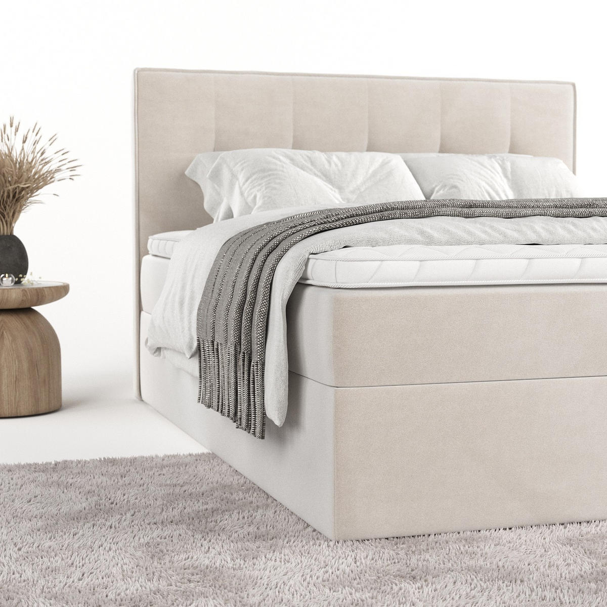 BOXBETT Mireo 140/200 cm Creme im Paros Stoff - Creme/Schwarz, Holz/Holzwerkstoff (140/200cm) - AltaBeds
