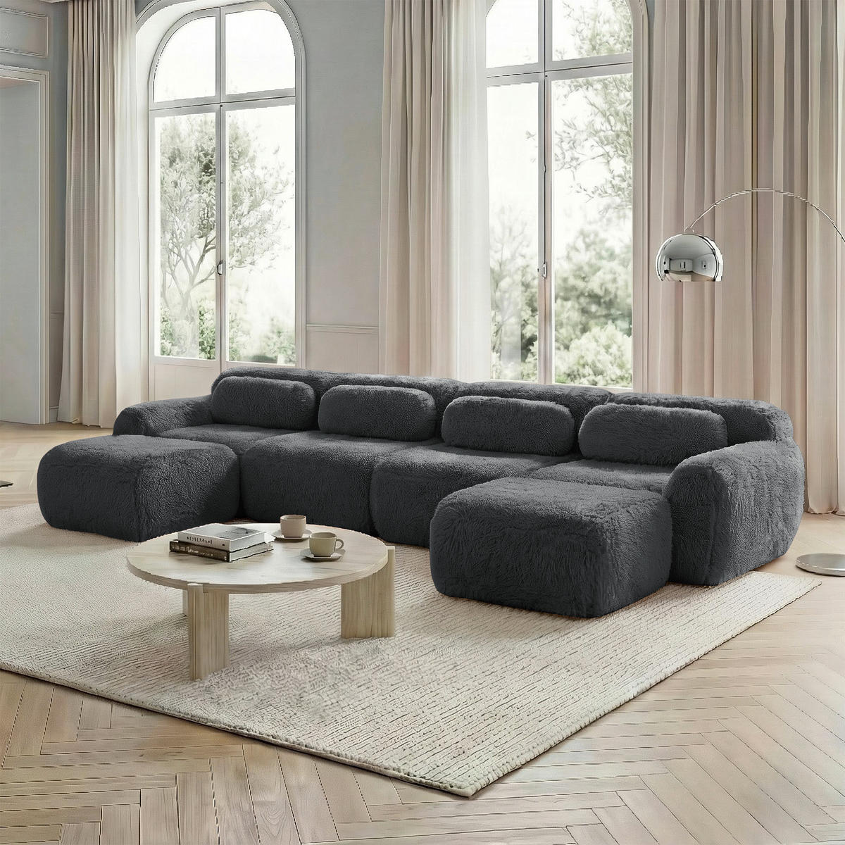 WOHNLANDSCHAFT Plüsch Grau mit Kissen - Grau, Textil (378/73/179cm) - WISHDOR