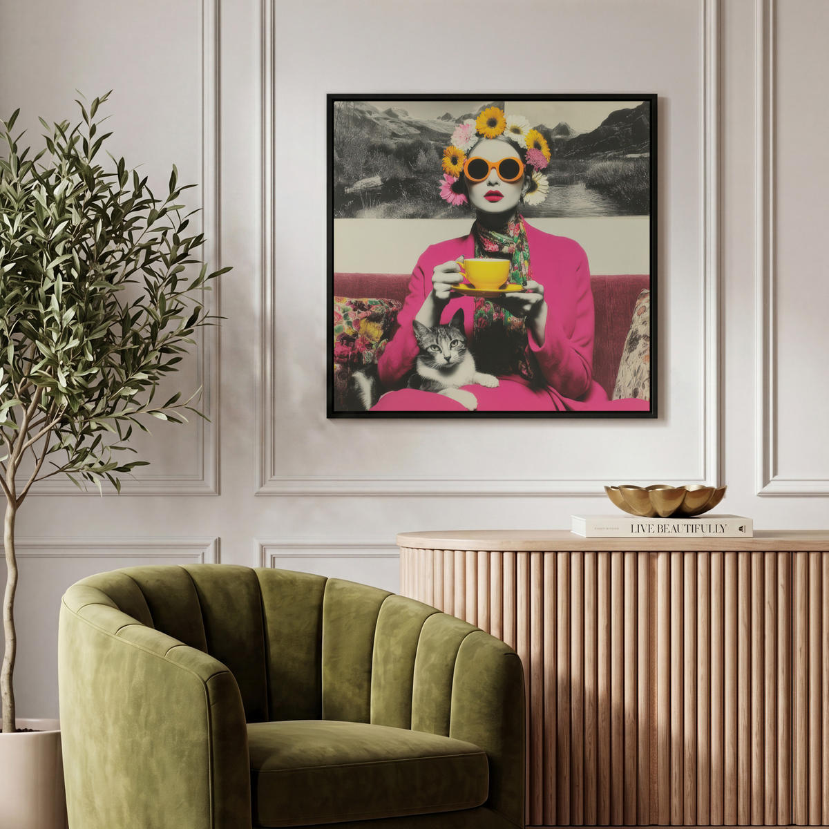 LEINWAND Bilder mit Rahmen - Frau - Katze - Blumen - Tasse - Retro - 50x50 - Magenta, Textil (50/50cm) - MuchoWow