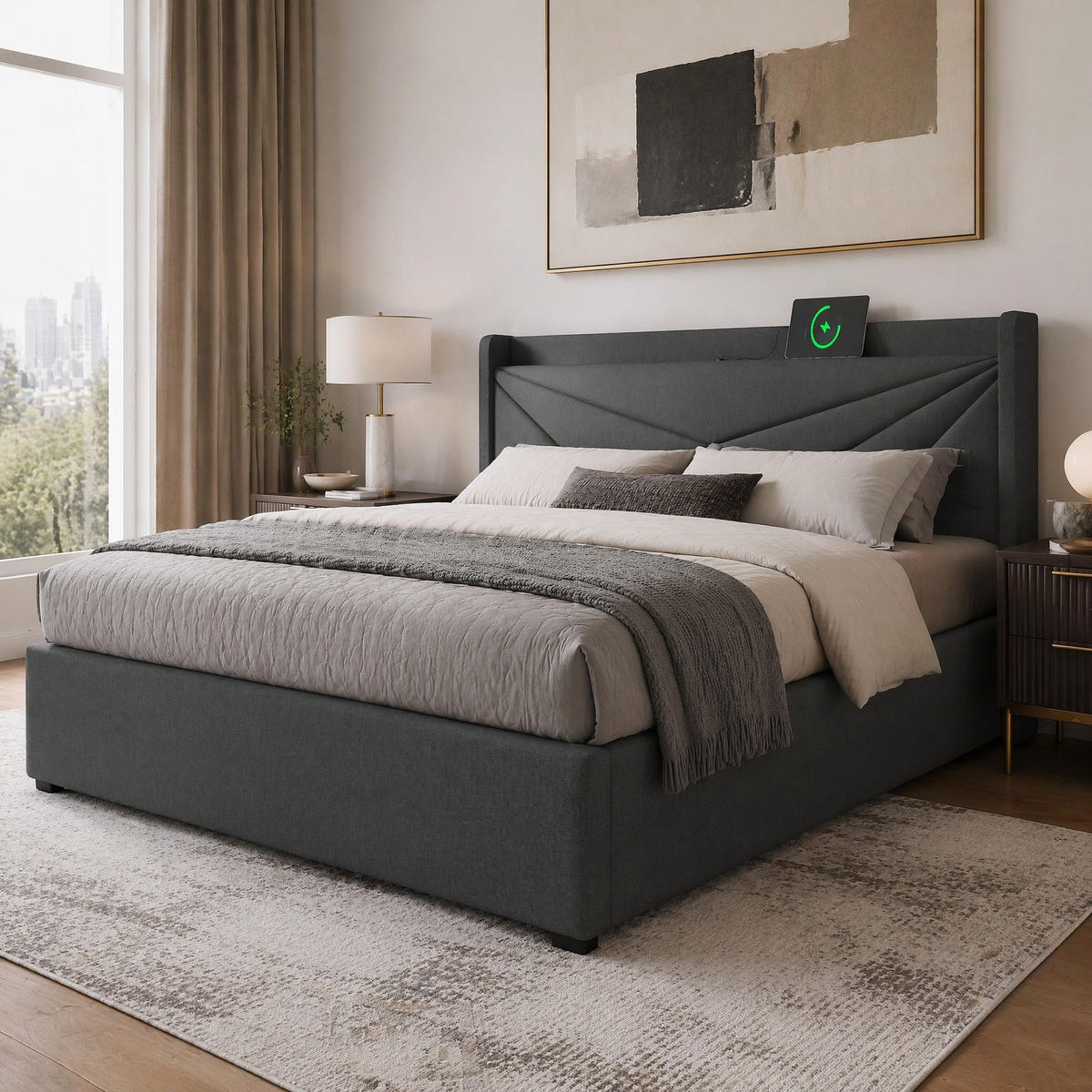 POLSTERBETT 140/200 mit Bettkasten, USB und Type-C in Grau - Grau, Holzwerkstoff/Textil (140/200cm) - EVRYAE