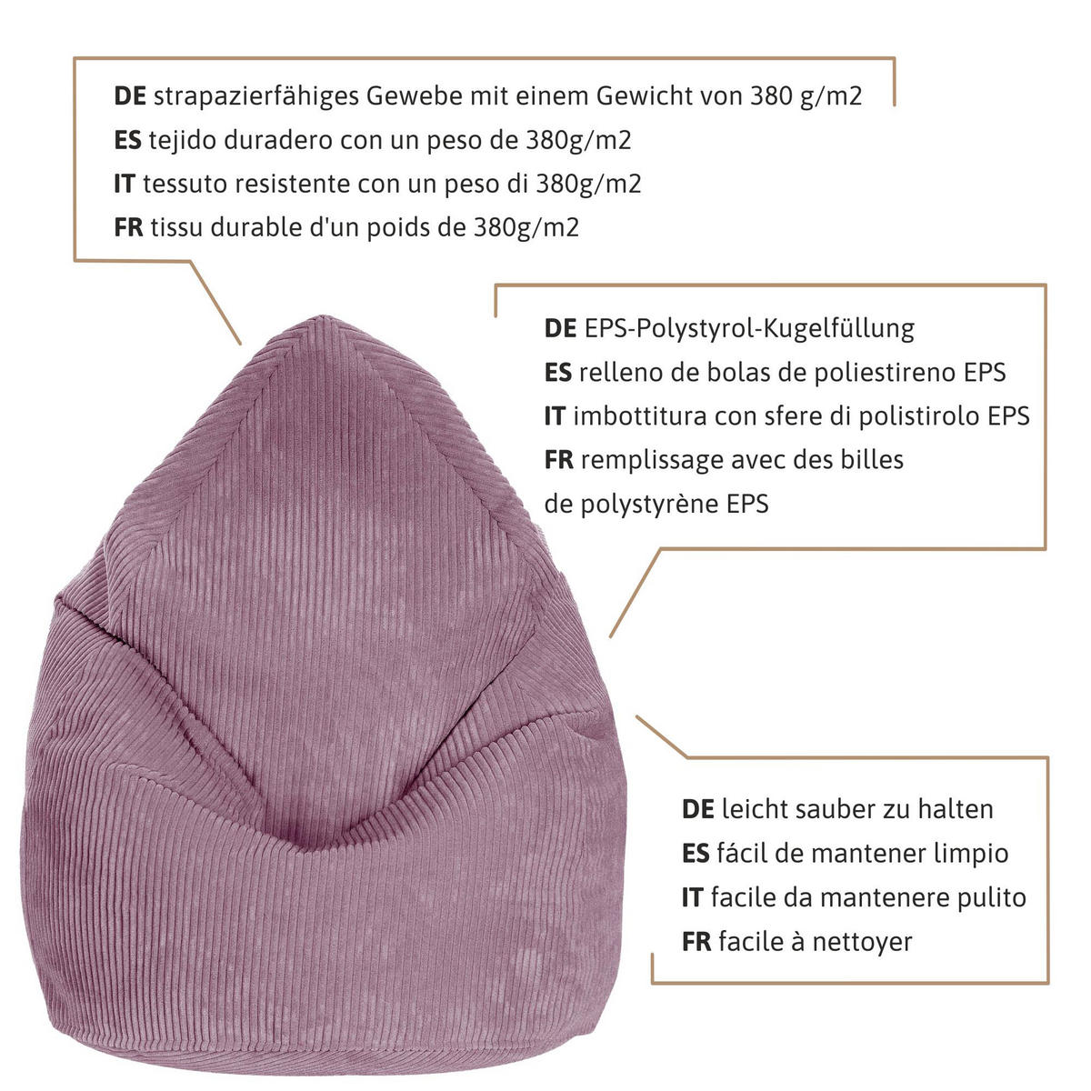 SITZSACK MIT FUßSTÜTZE Kordsamt 2-tlg Plum Smoothie M - Pflaume/Pink, Textil (80/120/80cm) - Dreamroots