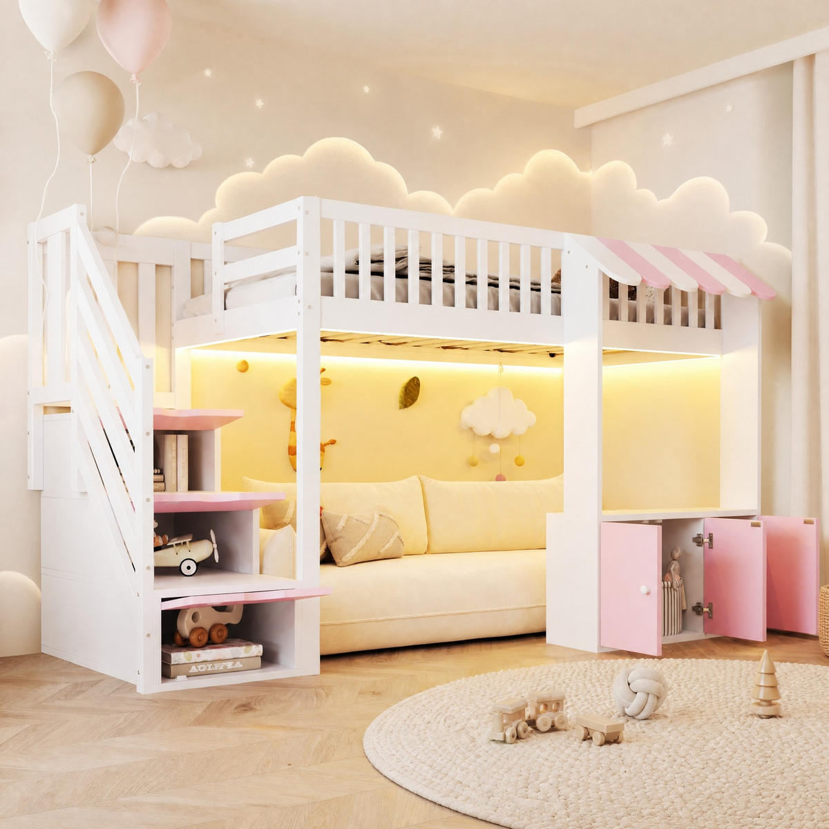 HOCHBETT 90/200 mit LED Stauraumtreppe und Stauraumschrank in Rosa - Weiß/Rosa, Holz/Holzwerkstoff (90/200cm) - EVRYAE
