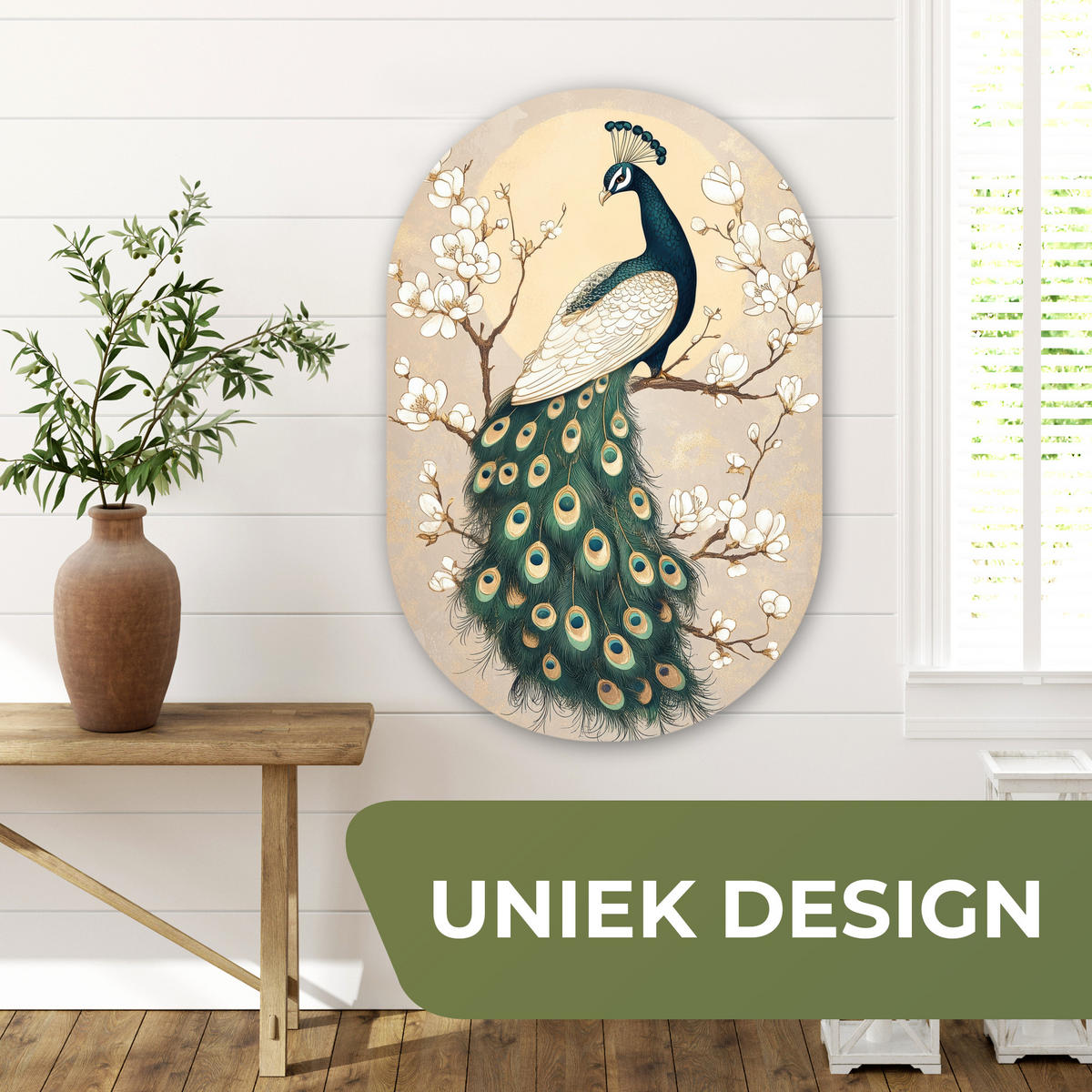 WANDBILD Pfau - Zweig - Blumen Wanddeko Schlafzimmer 60x90 cm - Champagner, Kunststoff (60/90cm) - MuchoWow